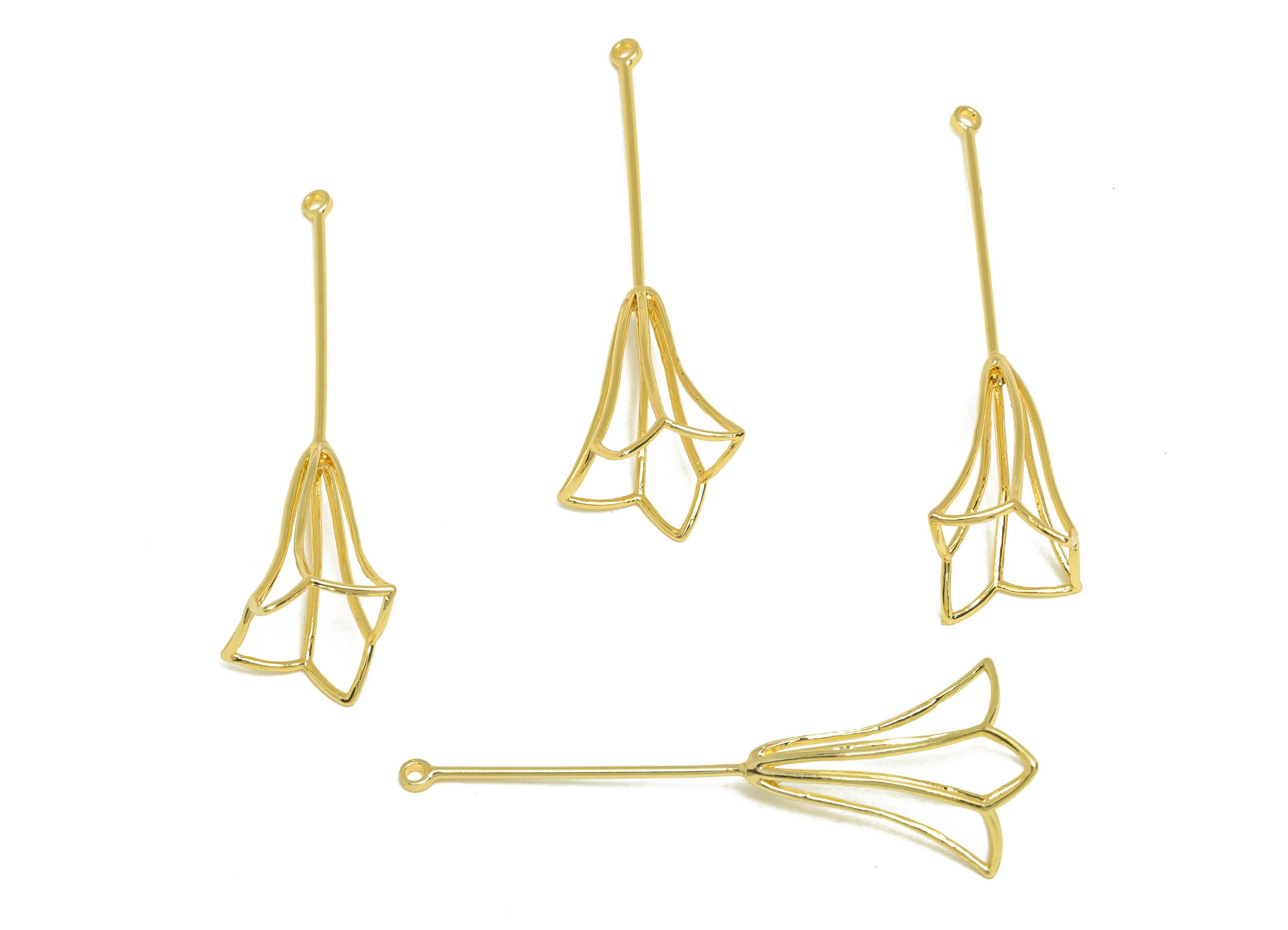 Brass Flower Earring Charm - Brass Wire Flower Earring Charm - Brass Hollow Earring For Pearl - 18K Real Gold Plating - 38x13x9mm - RGP6974 - DOMEDBAZAAR