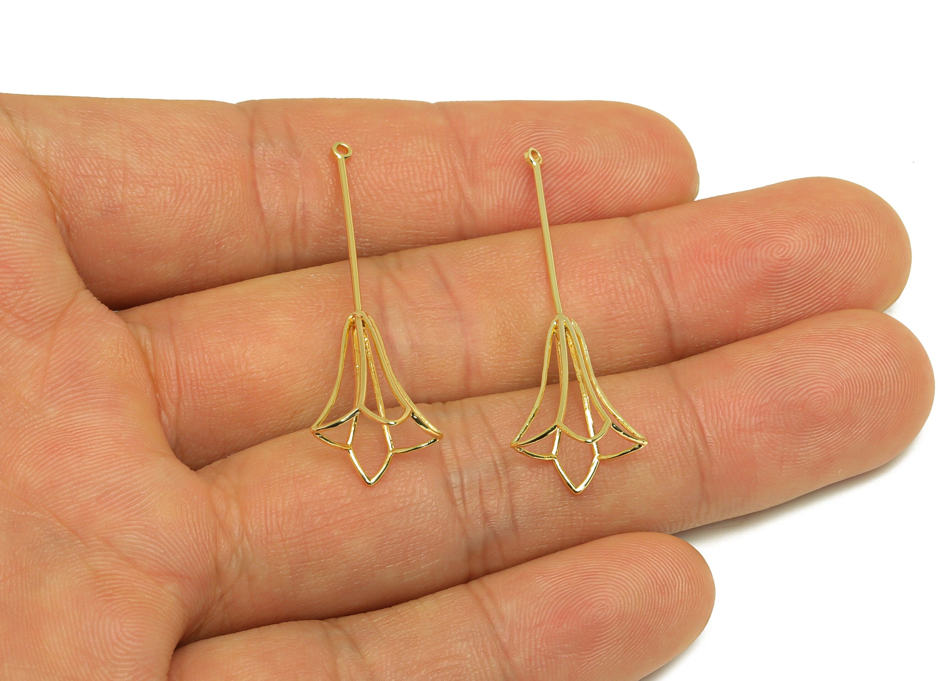 Brass Flower Earring Charm - Brass Wire Flower Earring Charm - Brass Hollow Earring For Pearl - 18K Real Gold Plating - 38x13x9mm - RGP6974 - DOMEDBAZAAR