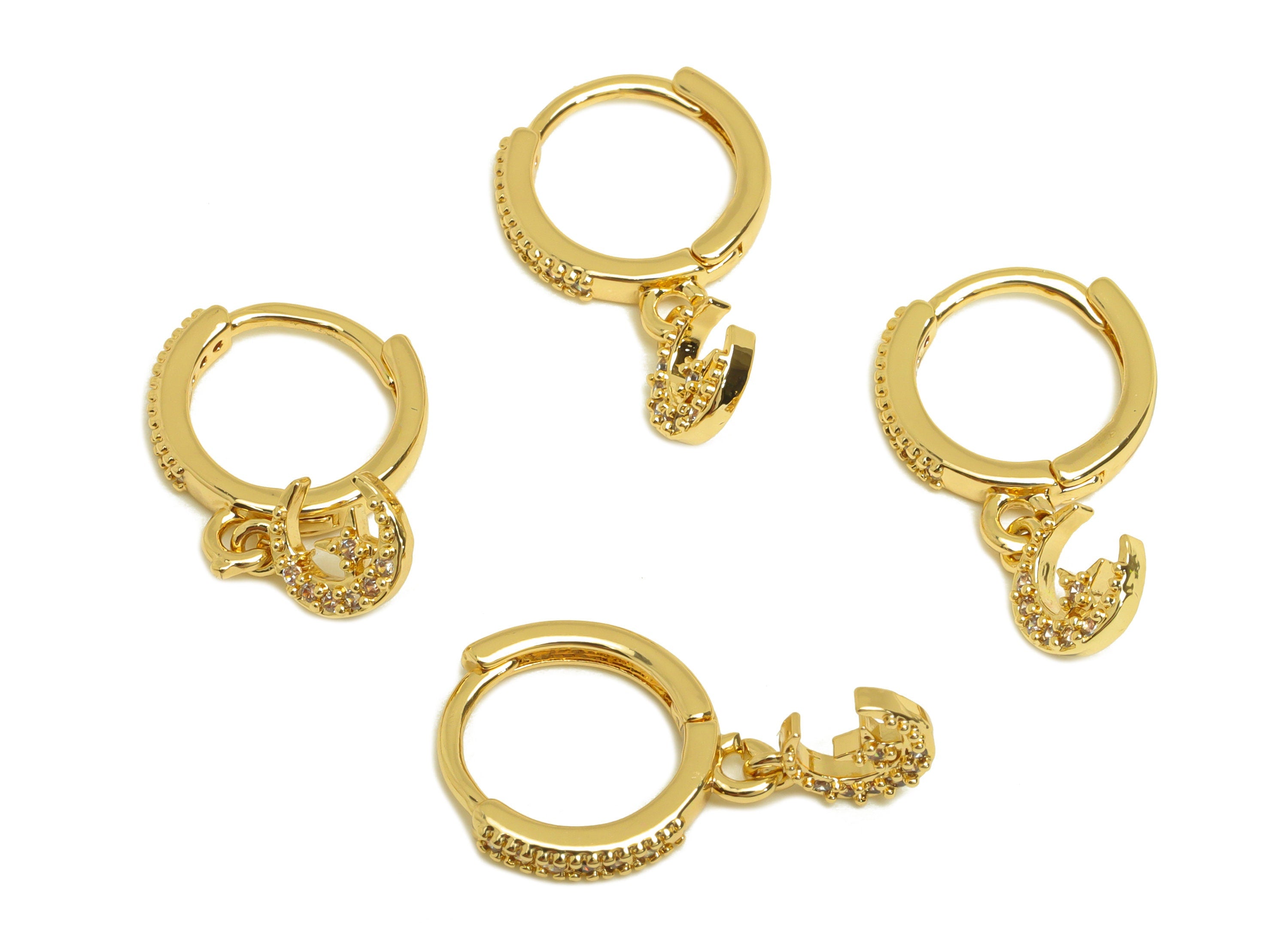Brass CZ Hoop Earring - Brass Crescent Hoop Earring Clasp - Star Zircon Huggie Hoop Earring - 18K Real Gold Plating - 19.1x12x2mm - RGP6928 - DOMEDBAZAAR