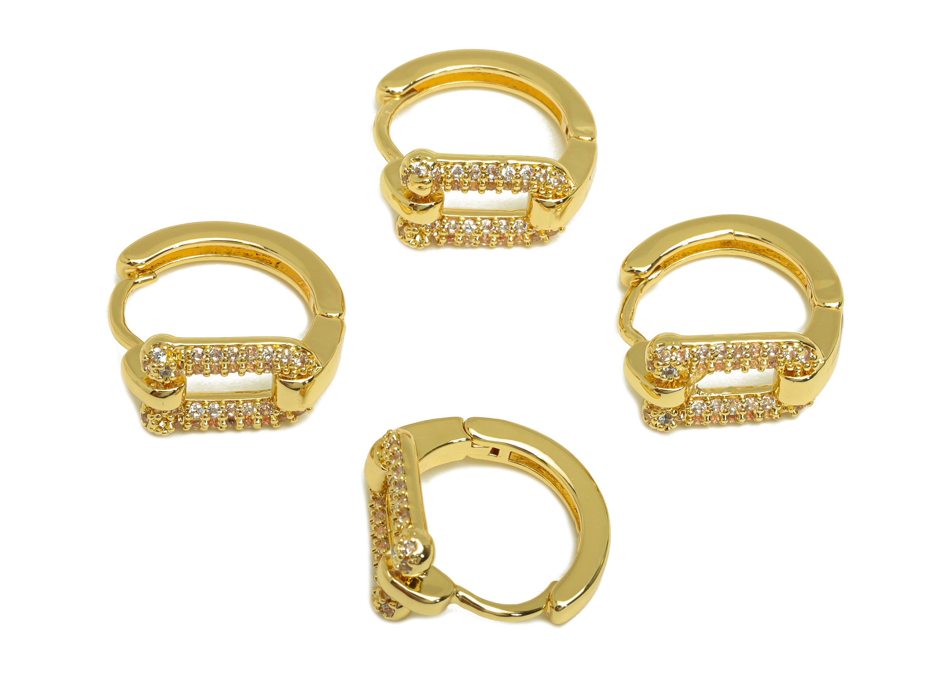 Brass CZ U Earring - Brass Geometry Hoop Earring Clasp - Brass Cubic Zircon Huggie Hoop Earring - 18K Real Gold Plating - 15x15x7mm -RGP6948 - DOMEDBAZAAR