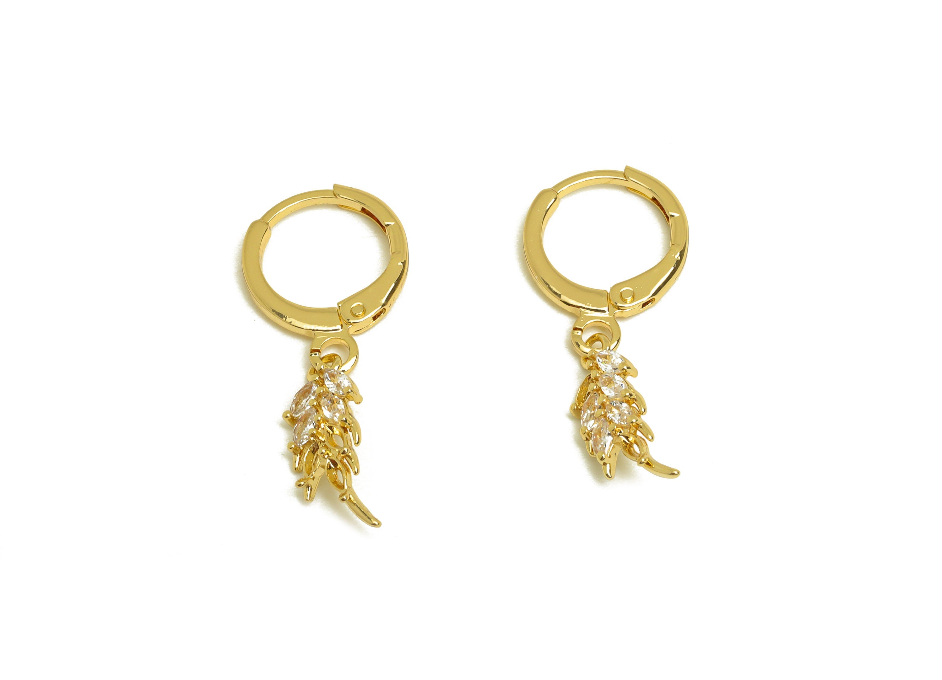 Brass CZ Leaf Hoop Earring - Brass Marquise Lever Back Earring Hoop - Cubic Zircon Hoop Earring - 18K Real Gold Plating - 26x11x1mm -RGP6966 - DOMEDBAZAAR