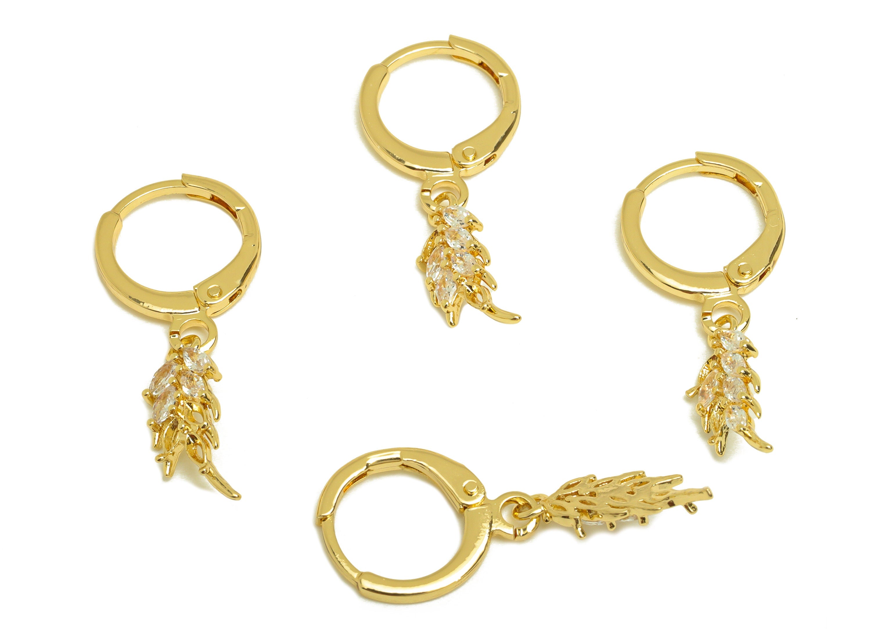 Brass CZ Leaf Hoop Earring - Brass Marquise Lever Back Earring Hoop - Cubic Zircon Hoop Earring - 18K Real Gold Plating - 26x11x1mm -RGP6966 - DOMEDBAZAAR