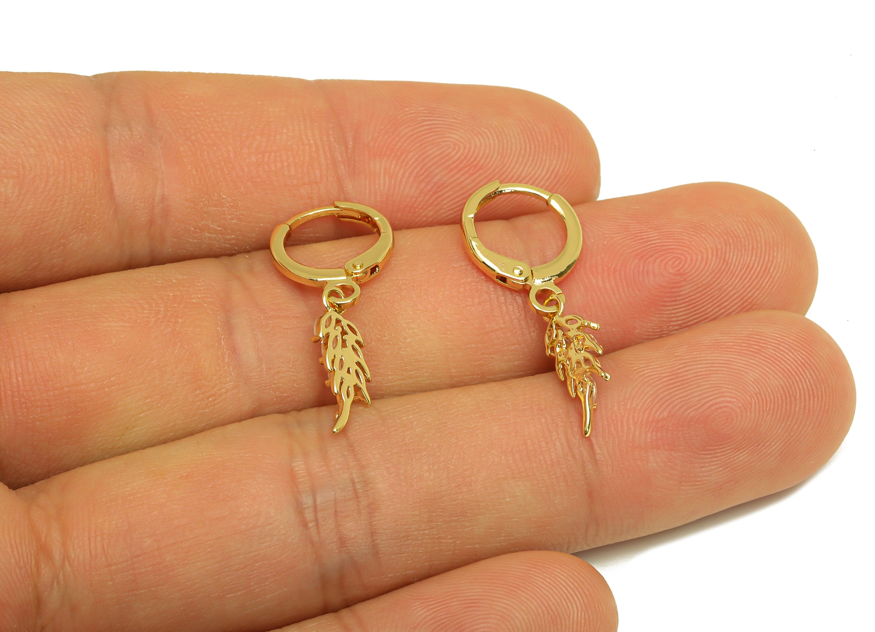 Brass CZ Leaf Hoop Earring - Brass Marquise Lever Back Earring Hoop - Cubic Zircon Hoop Earring - 18K Real Gold Plating - 26x11x1mm -RGP6966 - DOMEDBAZAAR