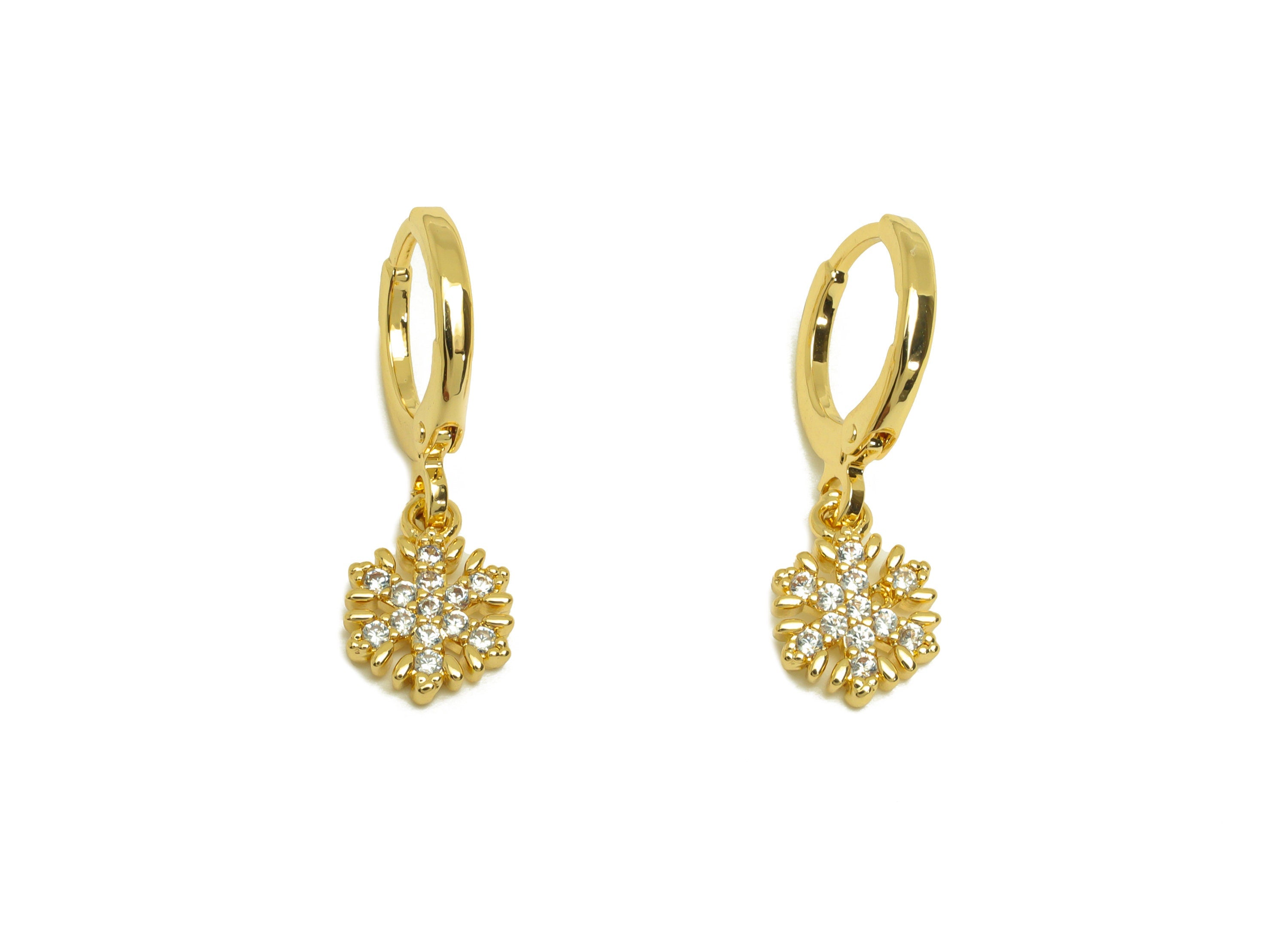 Brass CZ Hoop Earring - Brass Snowflake Lever Back Earring Hoop - Cubic Zircon Hoop Earring - 18K Real Gold Plating - 22x11x1.76mm -RGP6924 - DOMEDBAZAAR