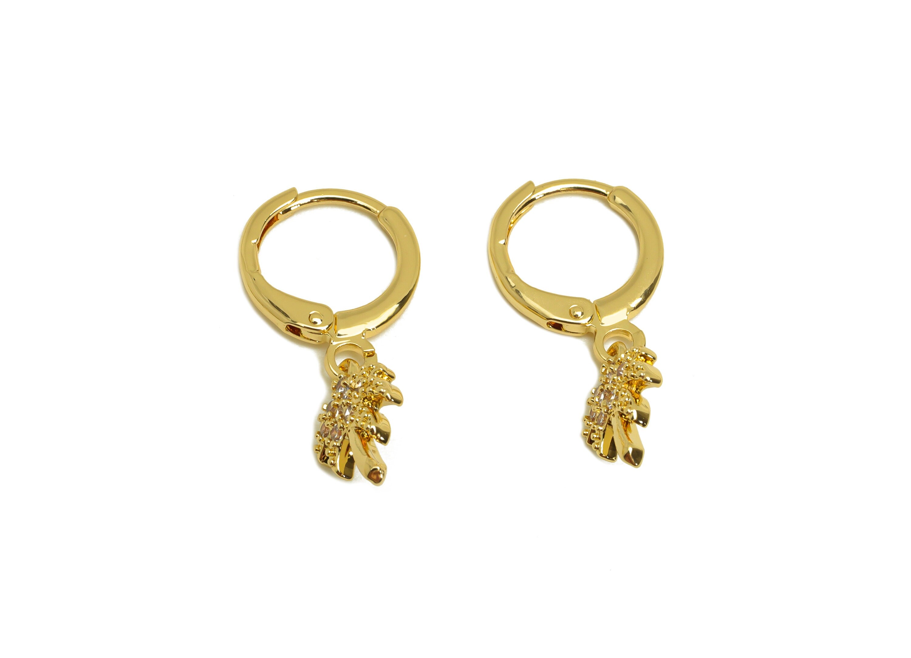 Brass Hoop Earring - Brass Coconut Tree Lever Back Earring Hoop - Cubic Zircon Hoop Earring - 18K Real Gold Plating - 22x11x1.3mm -RGP6950 - DOMEDBAZAAR