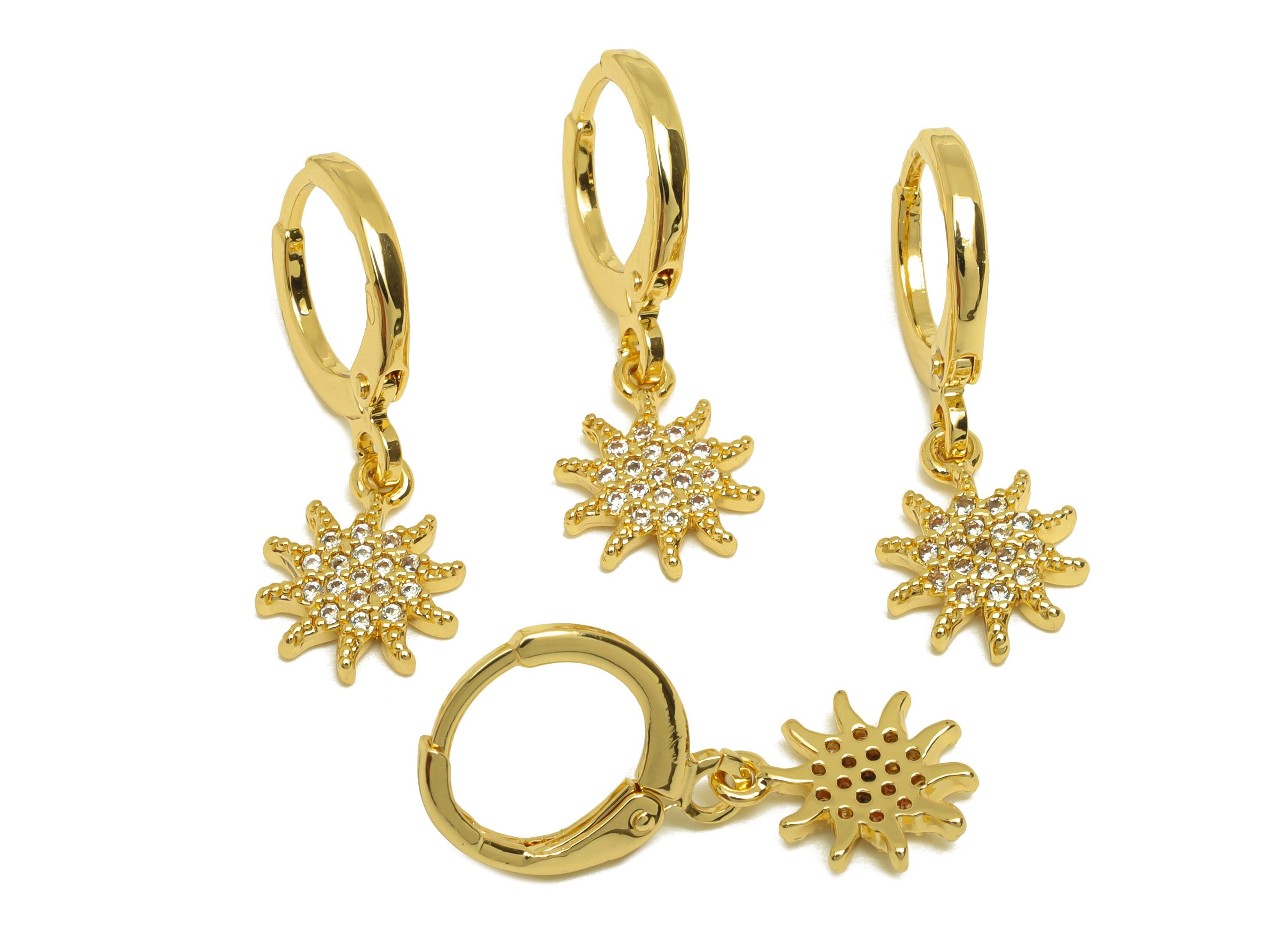 Brass Hoop Earring - Brass Flower Lever Back Earring Hoop - Cubic Zircon Hoop Earring - 18K Real Gold Plating - 21x11.5x1.7mm -RGP6930 - DOMEDBAZAAR