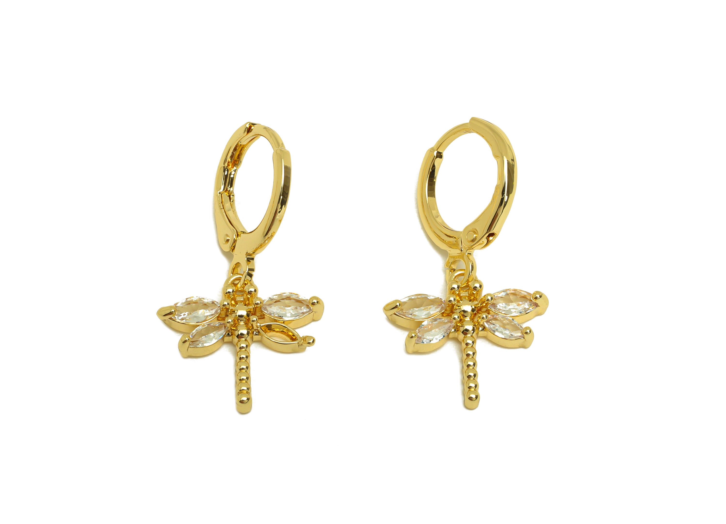 Brass Hoop Earring - Brass Dragonfly Lever Back Earring Hoop - Cubic Zircon Hoop Earring - 18K Real Gold Plating - 26.04x11.44x1mm -RGP6934 - DOMEDBAZAAR
