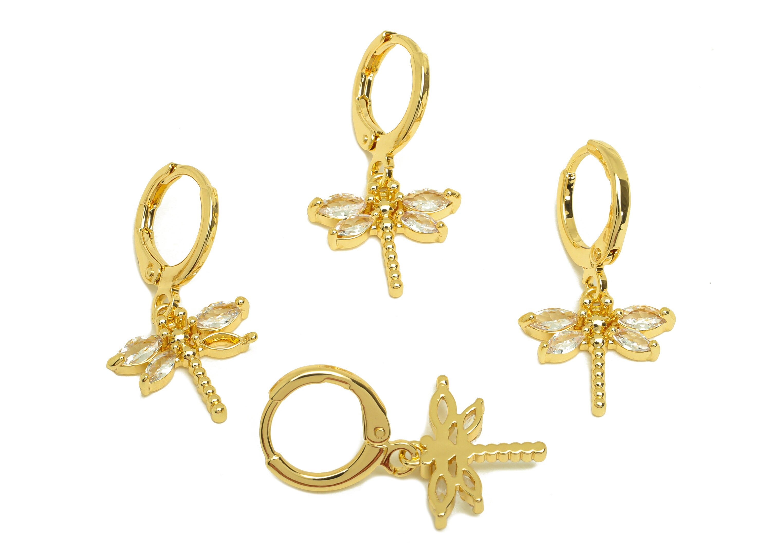 Brass Hoop Earring - Brass Dragonfly Lever Back Earring Hoop - Cubic Zircon Hoop Earring - 18K Real Gold Plating - 26.04x11.44x1mm -RGP6934 - DOMEDBAZAAR