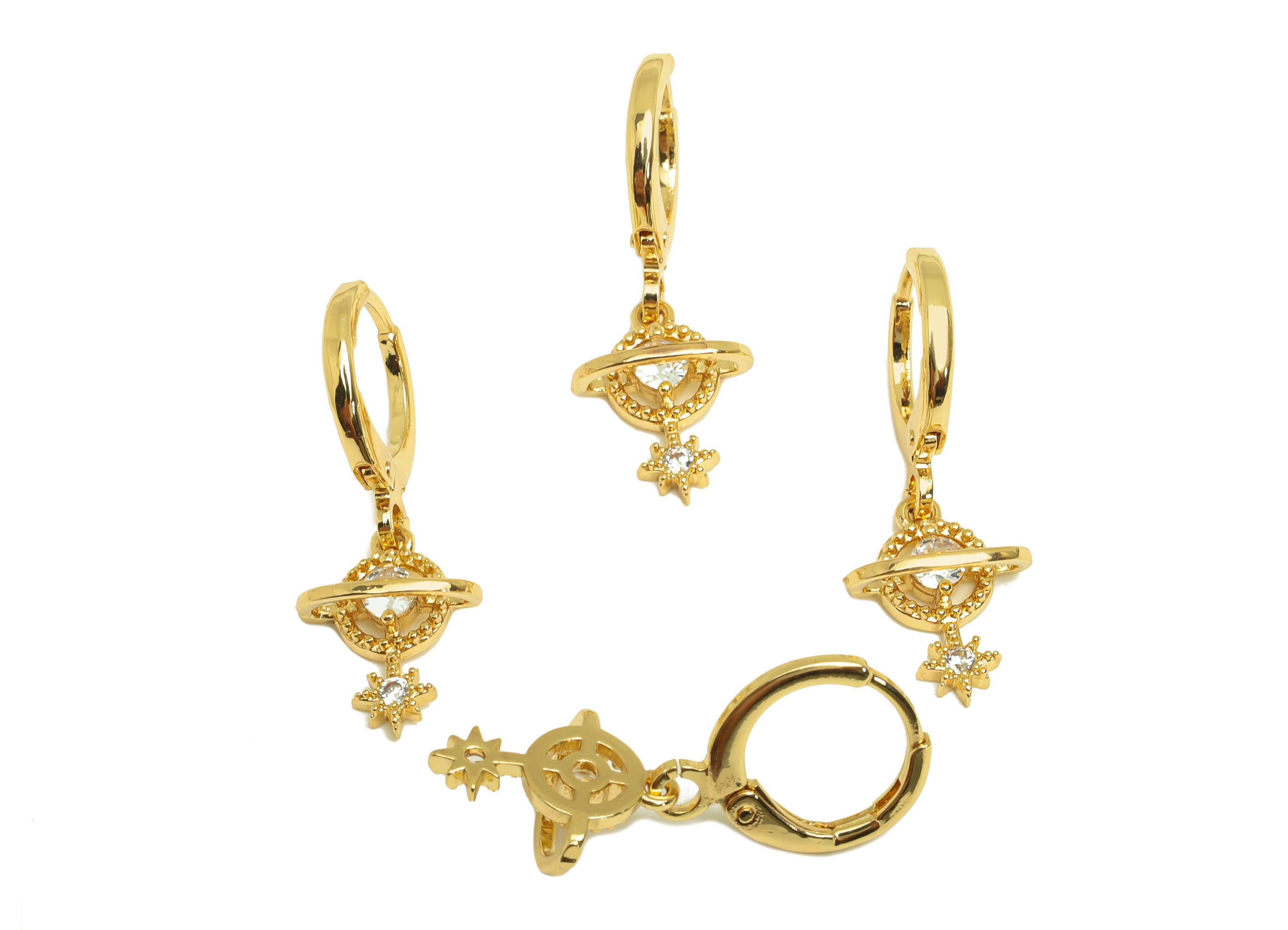 Brass Hoop Earring - Brass Planet Lever Back Earring Hoop - Star Zircon Hoop Earring - 18K Real Gold Plating - 25.89x11.44x1.7mm - RGP6940 - DOMEDBAZAAR