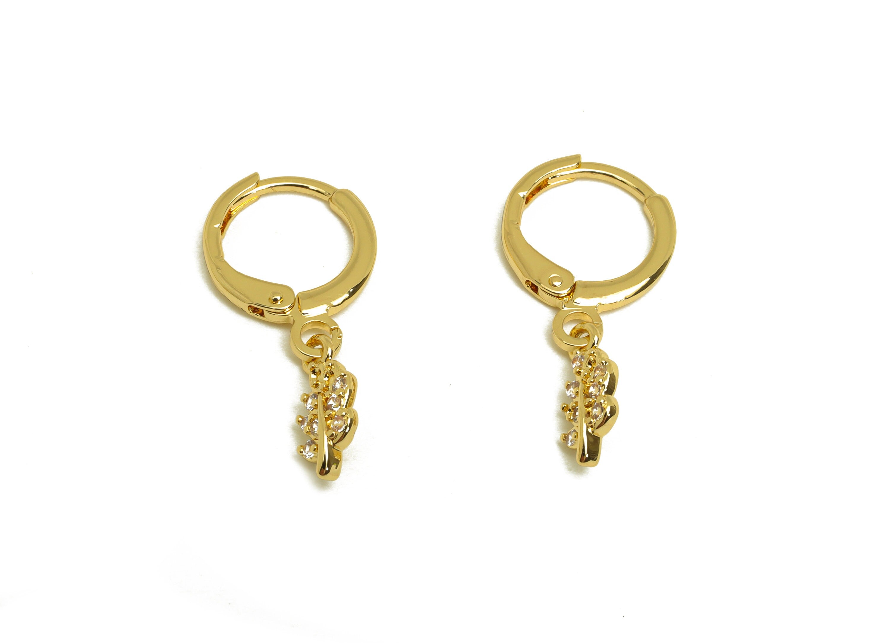 Brass Hoop Earring - Brass Leaf Lever Back Earring Hoop - Botanical Zircon Hoop Earring - 18K Real Gold Plating - 22x11.44x1.27mm - RGP6970 - DOMEDBAZAAR