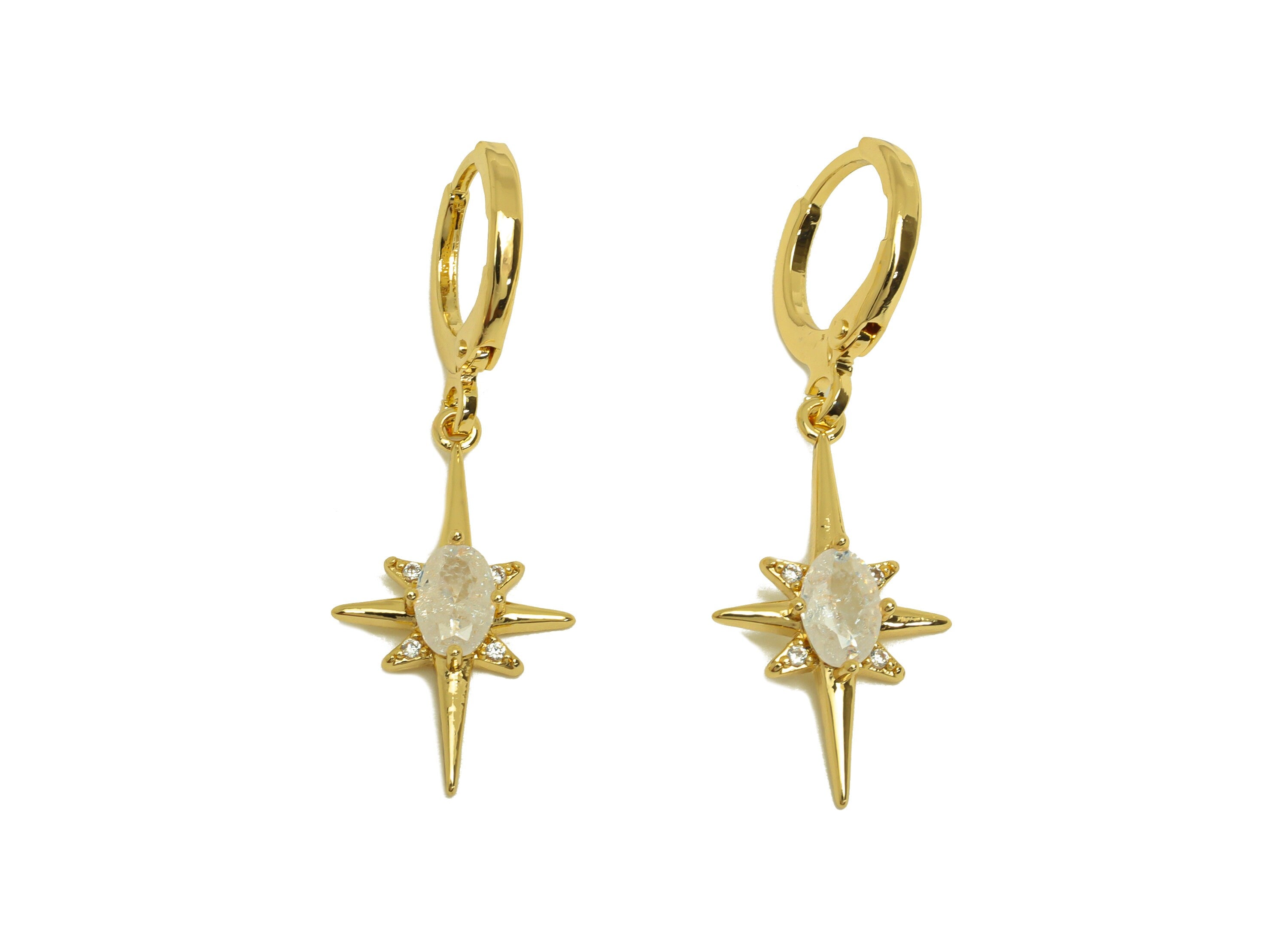 Brass Hoop Earring - Brass Oval Lever Back Earring Hoop - North Star Zircon Hoop Earring - 18K Real Gold Plating - 32.48x11x1.7mm - RGP6938 - DOMEDBAZAAR