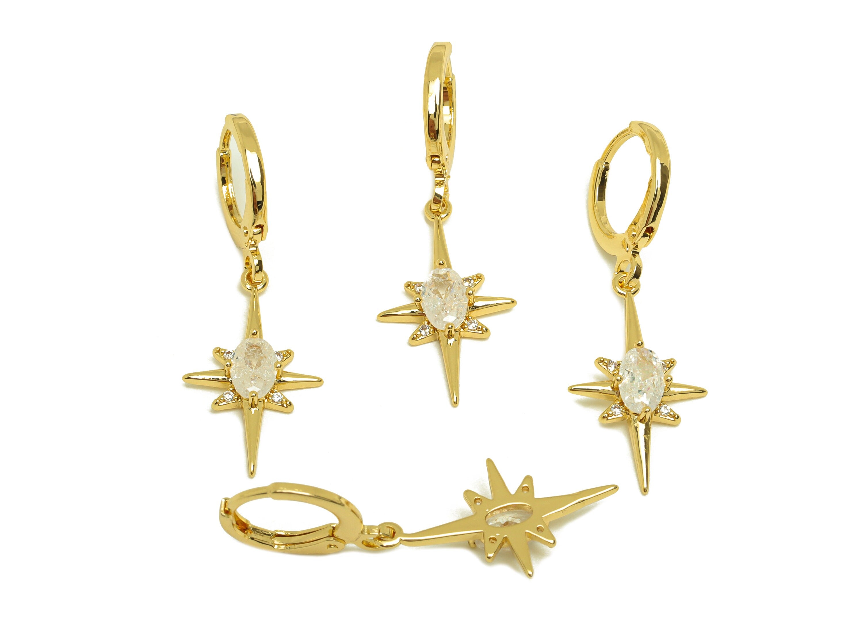 Brass Hoop Earring - Brass Oval Lever Back Earring Hoop - North Star Zircon Hoop Earring - 18K Real Gold Plating - 32.48x11x1.7mm - RGP6938 - DOMEDBAZAAR