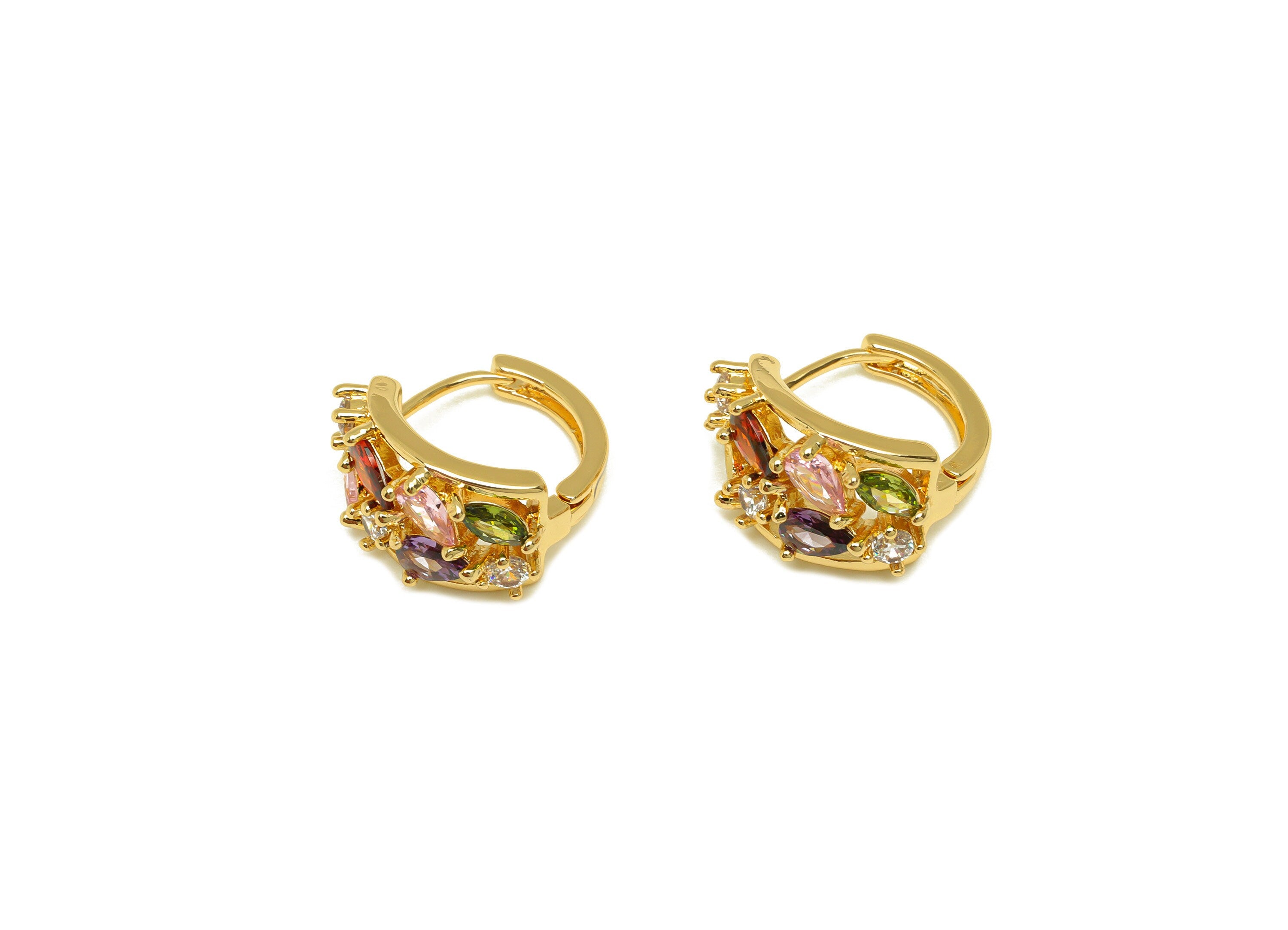 Brass Teardrop Hoop Earring - Brass Teardrop Zircon Huggie Hoop - Brass Rainbow Clasp - 18K Real Gold Plating - 16.52x16.7x10mm - RGP7127 - DOMEDBAZAAR