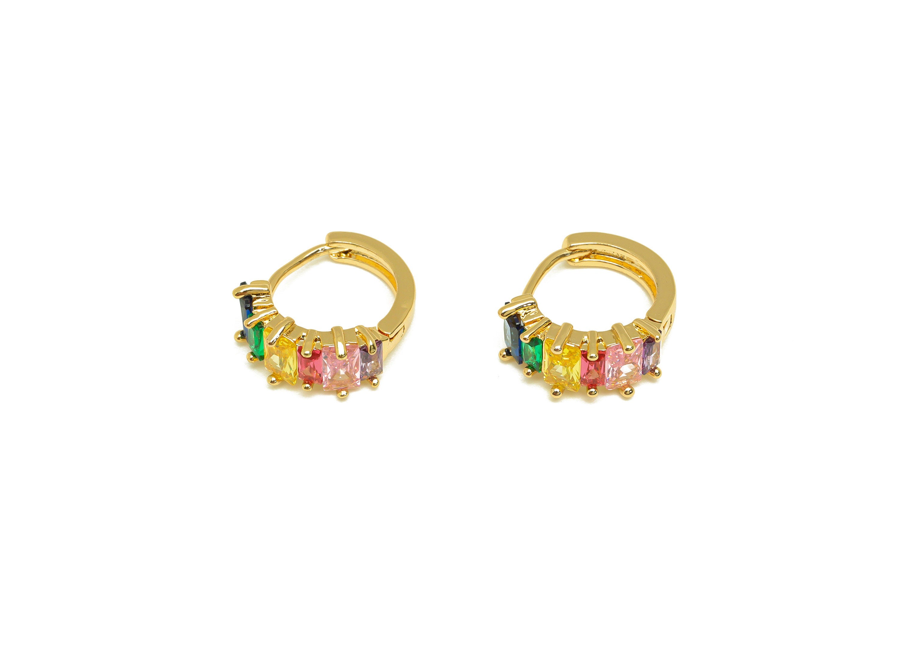 Brass Rectangle Hoop Earring - Brass Geometry Zircon Huggie Hoop - Brass Rainbow Clasp - 18K Real Gold Plating - 14.42x13.17x6mm - RGP7129 - DOMEDBAZAAR
