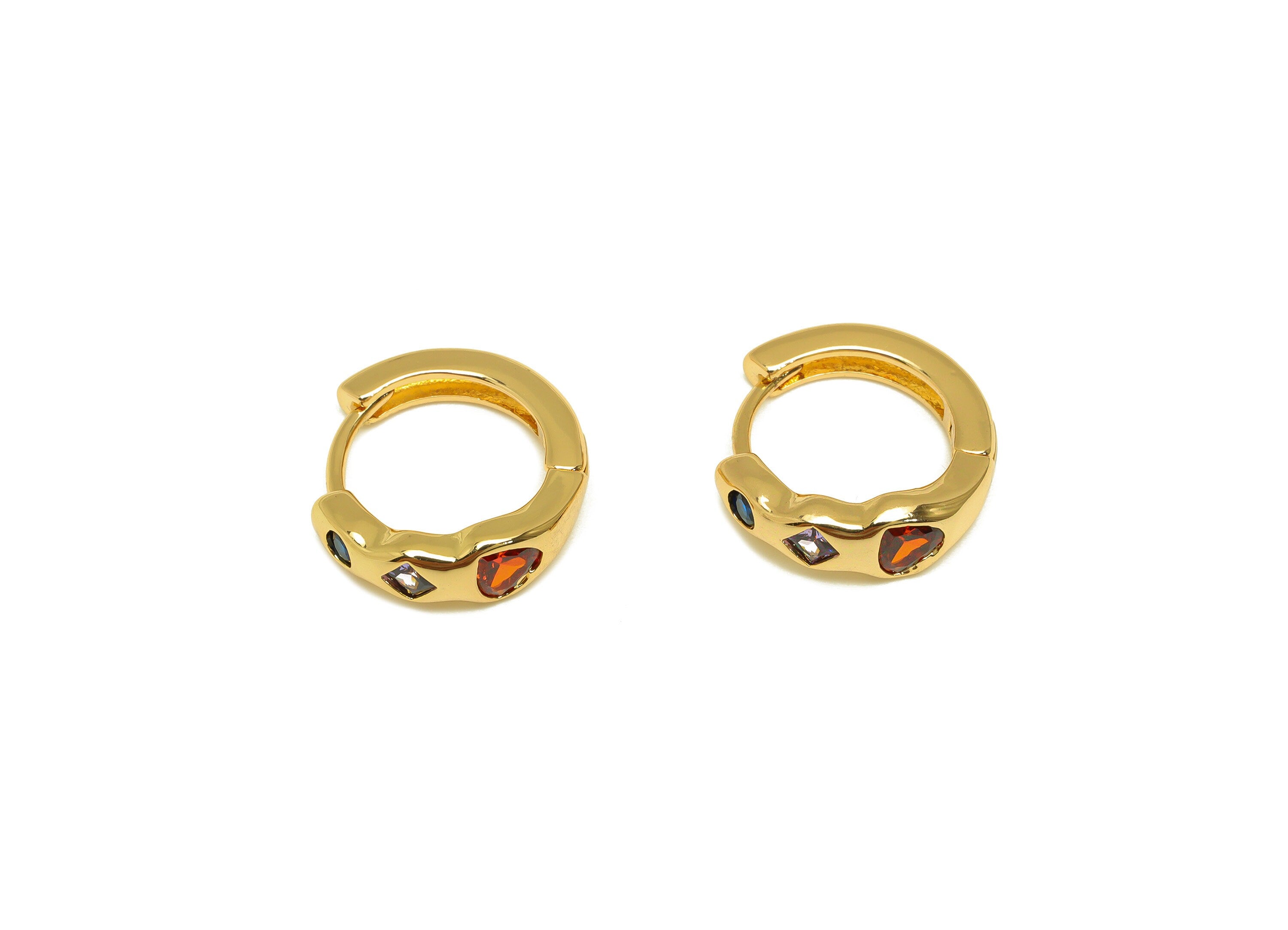 Brass Heart Hoop Earring - Brass Geometry Zircon Huggie Hoop - Brass Rainbow Clasp - 18K Real Gold Plating - 15.75x14.66x5.06mm - RGP7131 - DOMEDBAZAAR