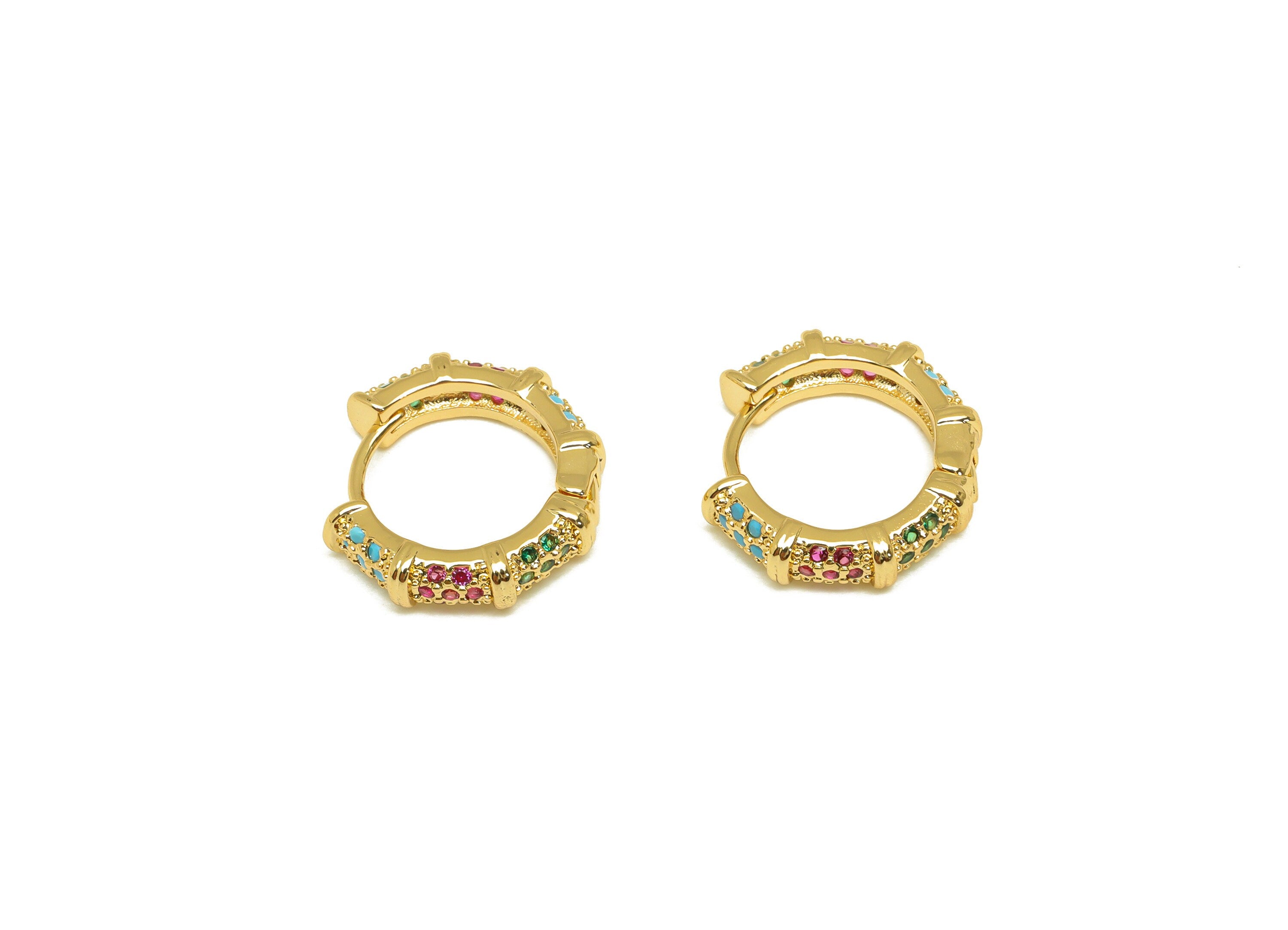Brass Round Hoop Earring - Brass Textured Zircon Huggie Hoop - Brass Rainbow Clasp - 18K Real Gold Plating - 14.31x13.36x3.66mm - RGP7124 - DOMEDBAZAAR