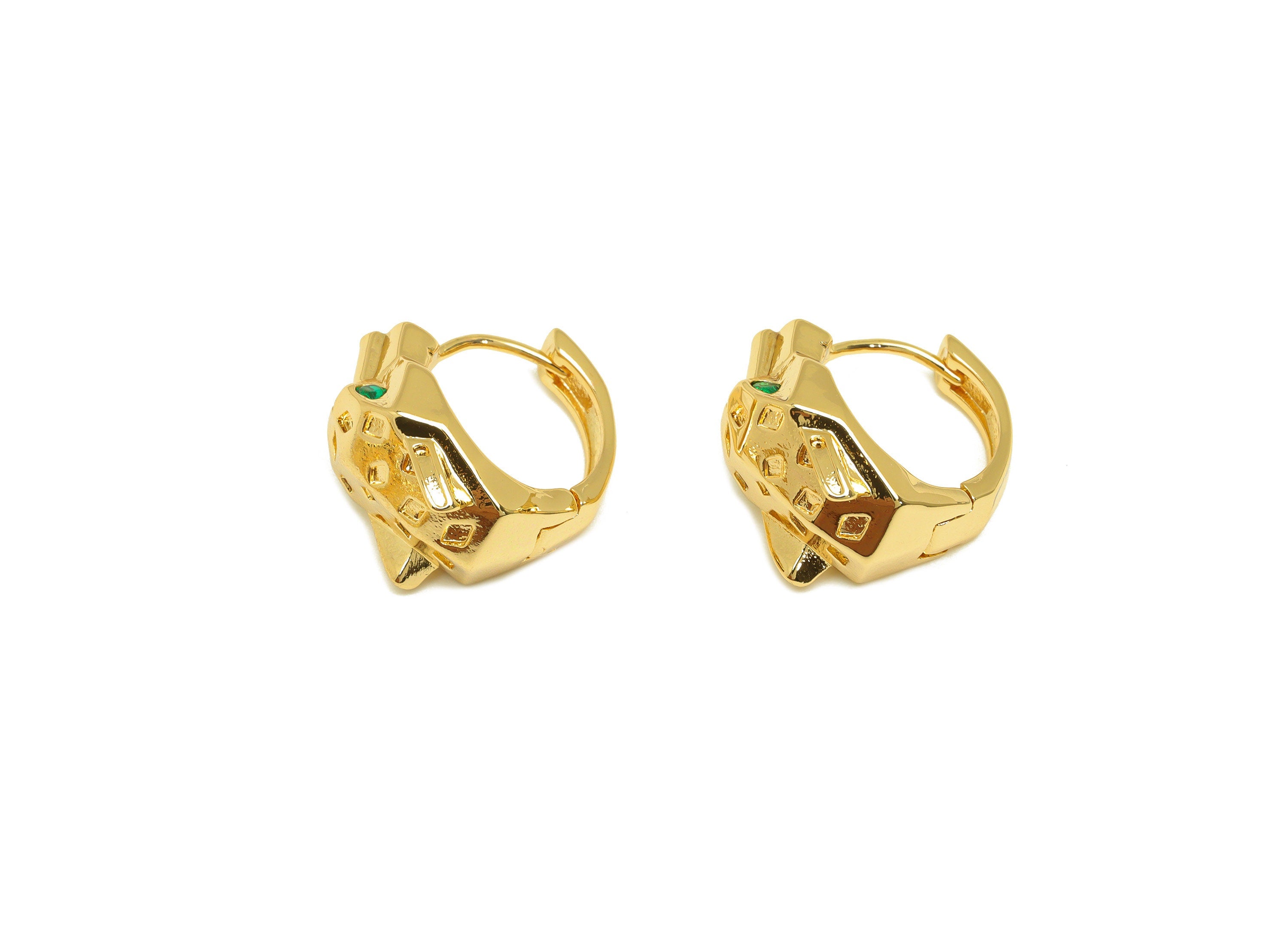 Brass Leopard Hoop Earring - Brass Wolf Zircon Huggie Hoop - Brass Green Animal Clasp - 18K Real Gold Plating - 18.43x17x11mm - RGP7132 - DOMEDBAZAAR