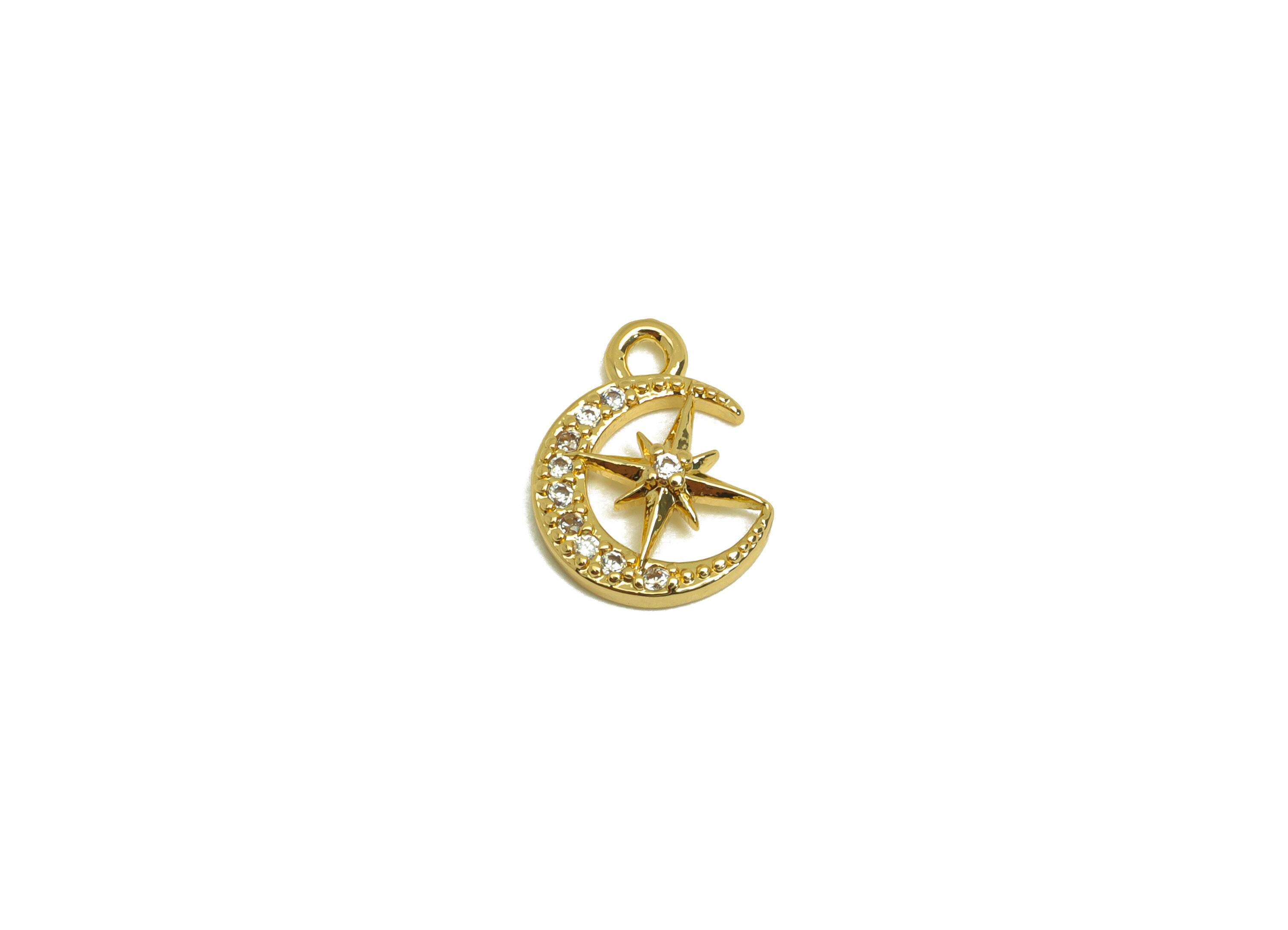 Brass Crescent Earring Charm - Brass Cubic Zircon Earring Charm - Brass North Star Earring Charm - 18K Real Gold Plating - 12x8x2mm -RGP6952 - DOMEDBAZAAR