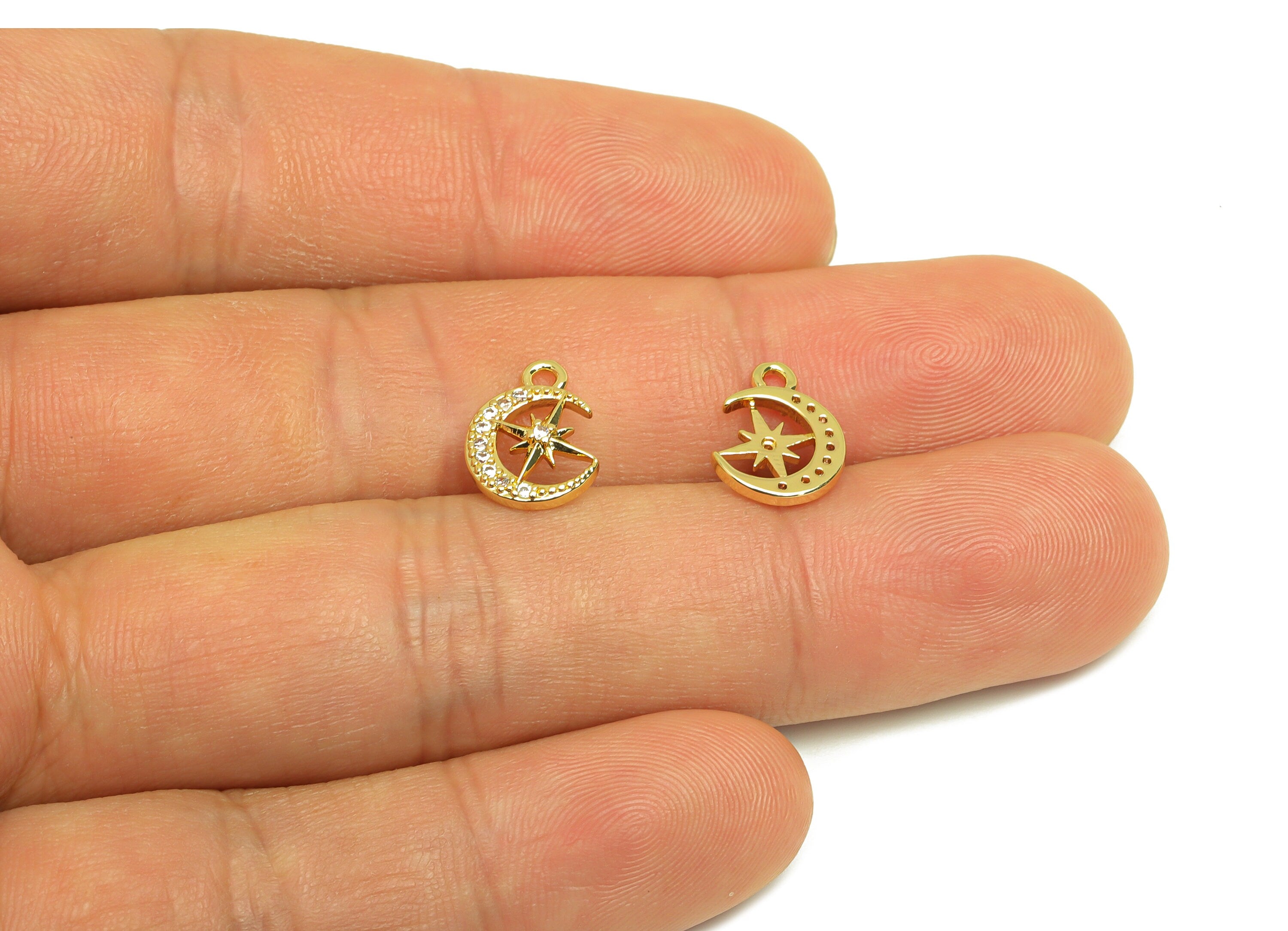 Brass Crescent Earring Charm - Brass Cubic Zircon Earring Charm - Brass North Star Earring Charm - 18K Real Gold Plating - 12x8x2mm -RGP6952 - DOMEDBAZAAR