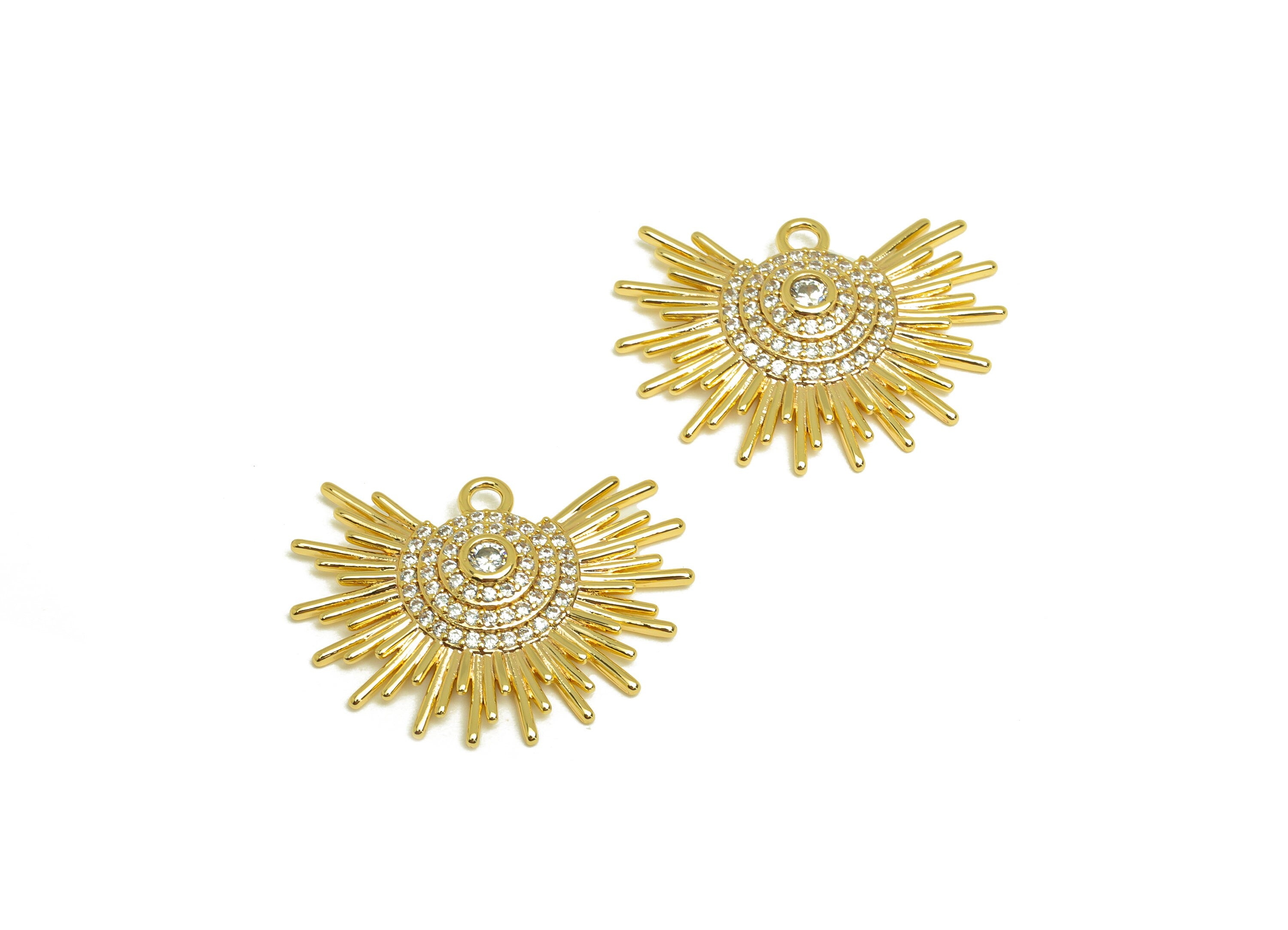 Brass Sunshine Earring Charm - Brass Cubic Zircon Earring Charm - Brass Textured Sun Pendant - 18K Real Gold Plating - 18.9x25x3mm - RGP6975 - DOMEDBAZAAR