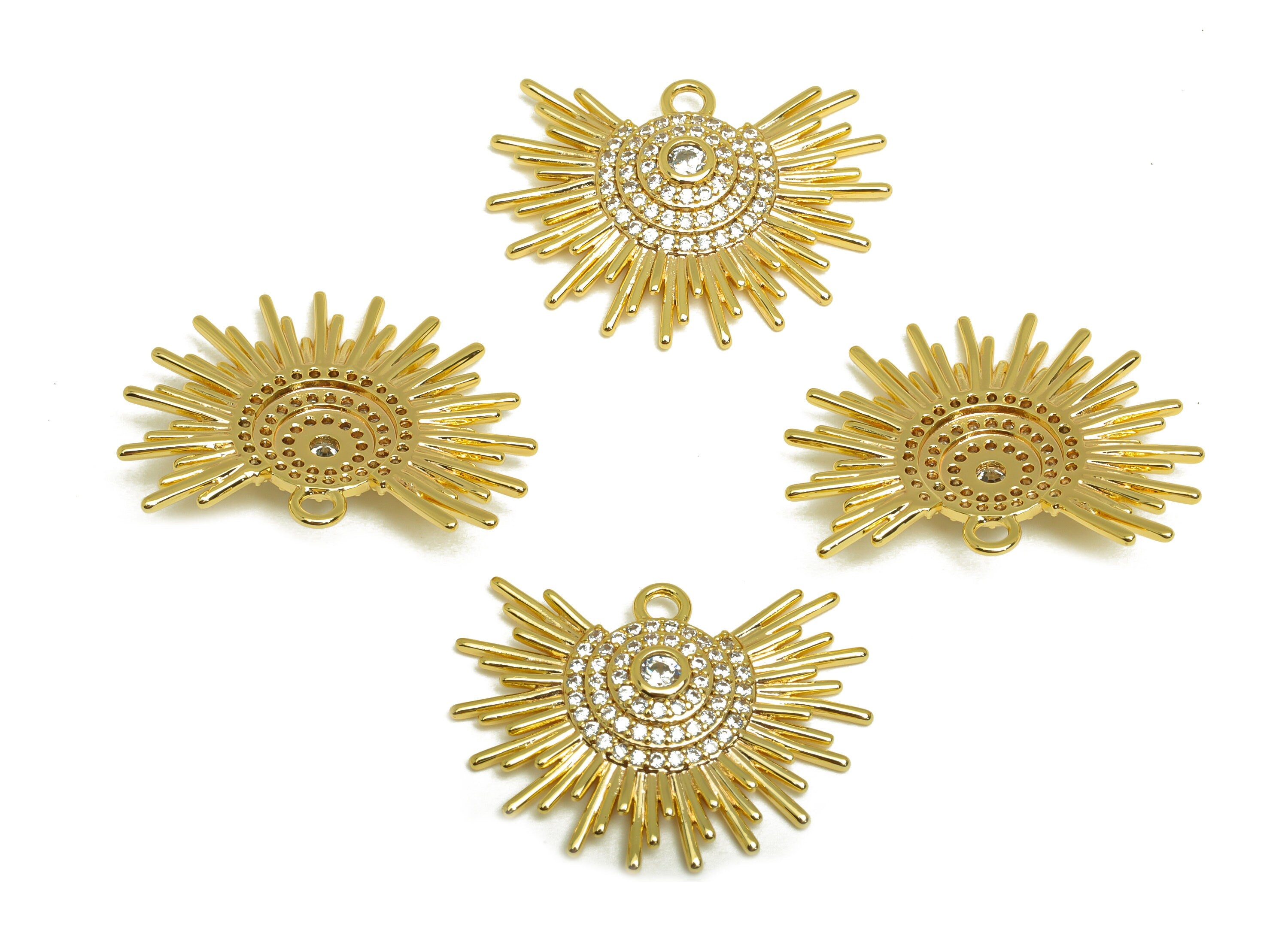 Brass Sunshine Earring Charm - Brass Cubic Zircon Earring Charm - Brass Textured Sun Pendant - 18K Real Gold Plating - 18.9x25x3mm - RGP6975 - DOMEDBAZAAR