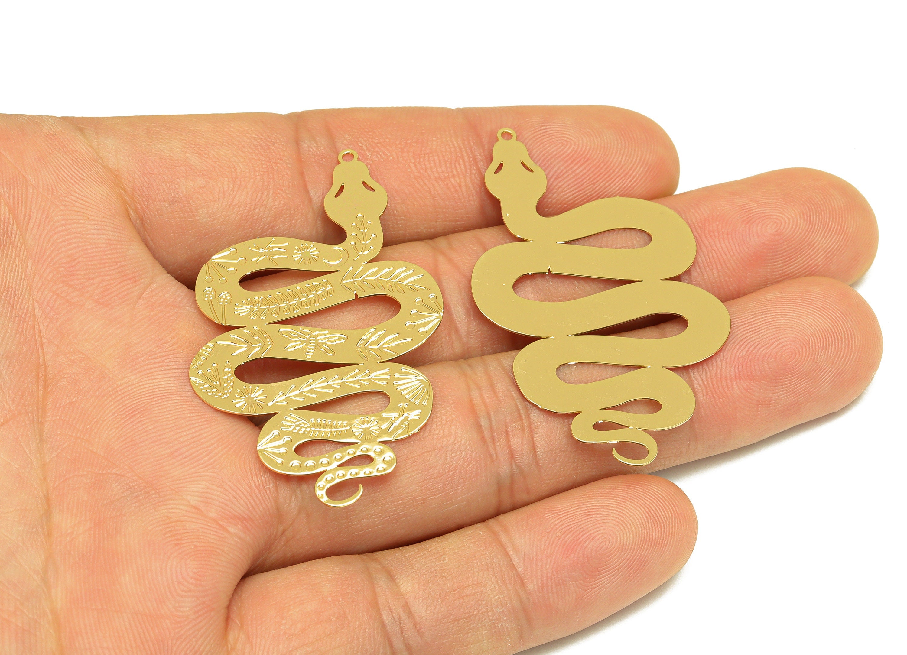 Brass Snake Earring Charm - Brass Pattern Snake Earring Charm - Brass Animal Pendant - 18K Real Gold Plating - 50.36x30.57x0.38mm - RGP7146 - DOMEDBAZAAR