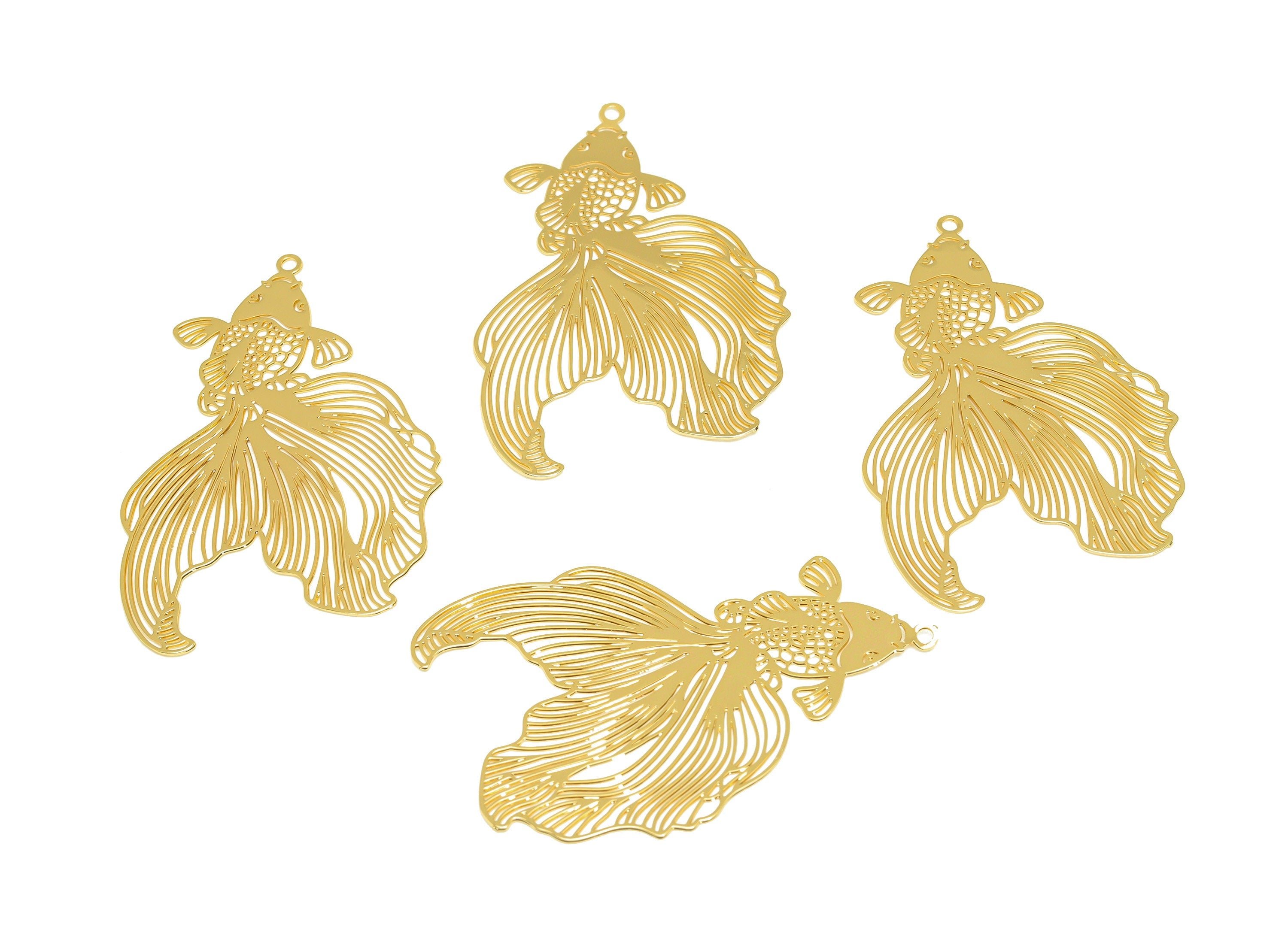 Brass Fish Earring Charm - Brass Hollow Fish Earring Charm - Brass Goldfish Pendant - 18K Real Gold Plating - 41x25.71x0.29mm - RGP7153 - DOMEDBAZAAR
