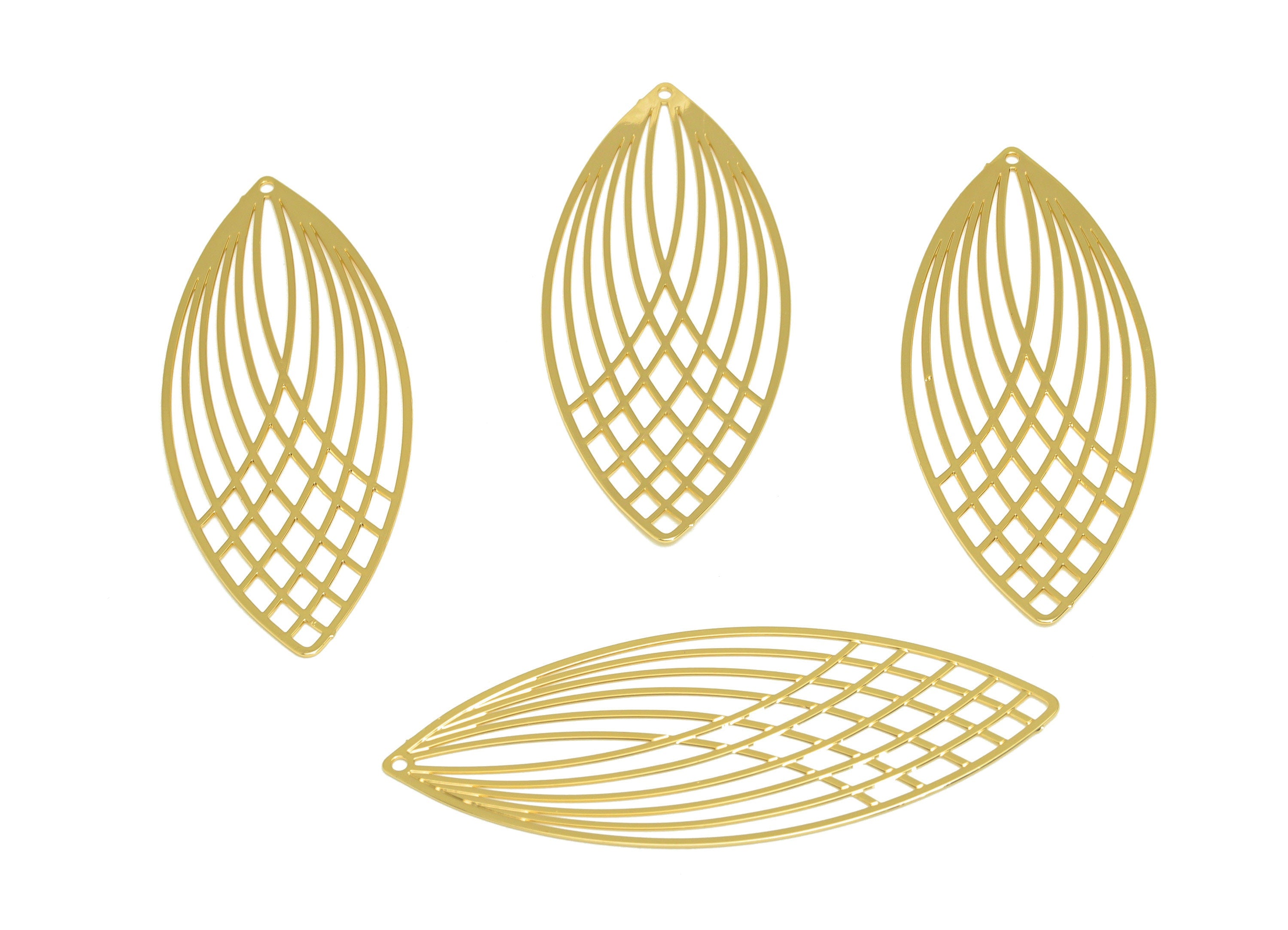 Brass Marquise Earring Charm - Brass Hollow Geometry Earring Charm - Brass Textured Pendant - 18K Real Gold Plating - 55x21x0.36mm - RGP7143 - DOMEDBAZAAR