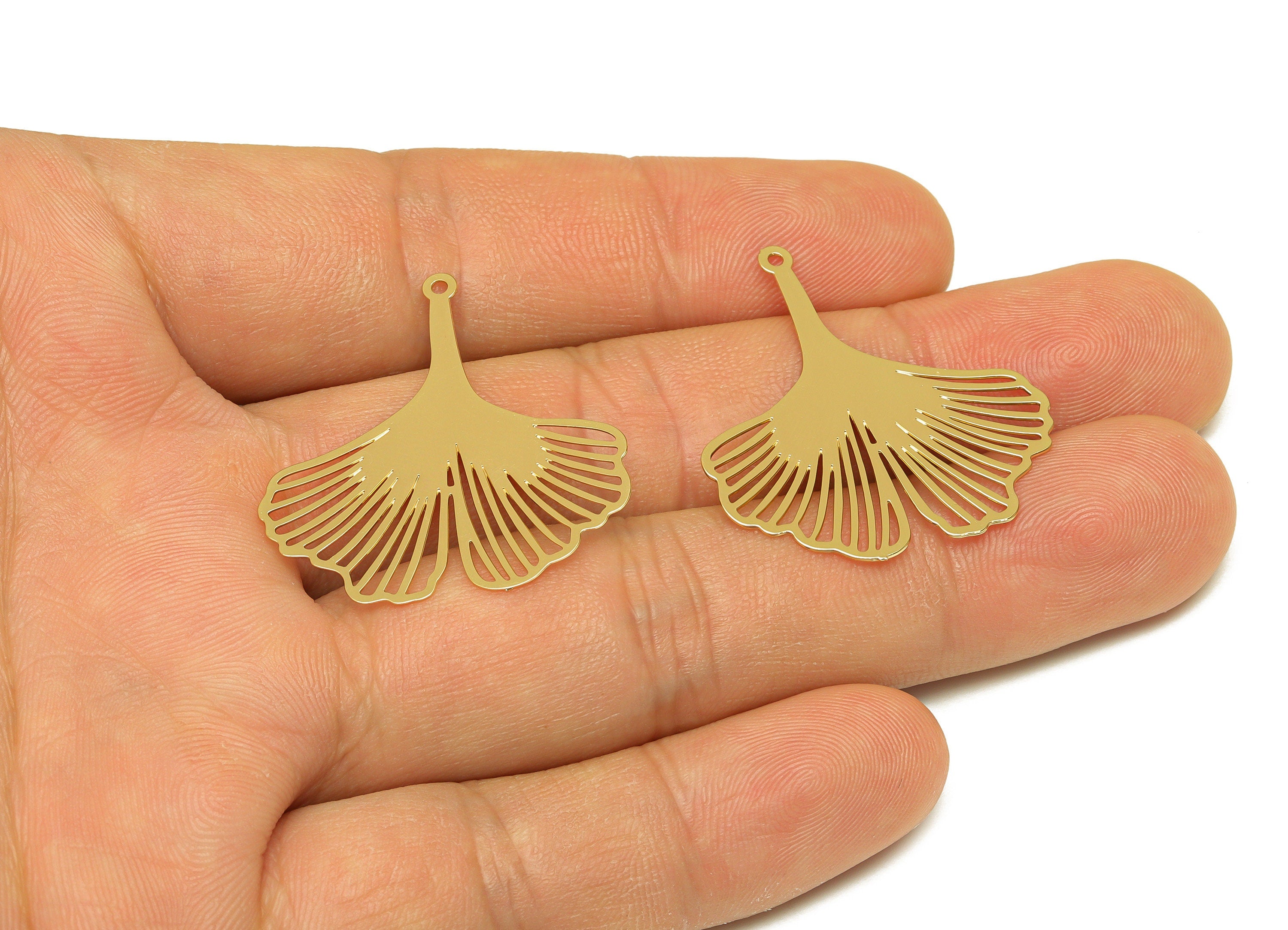 Brass Leaf Earring Charm - Brass Botanical Earring Charm - Brass Ginkgo Biloba Pendant - 18K Real Gold Plating - 30x30.14x0.34mm - RGP7151 - DOMEDBAZAAR