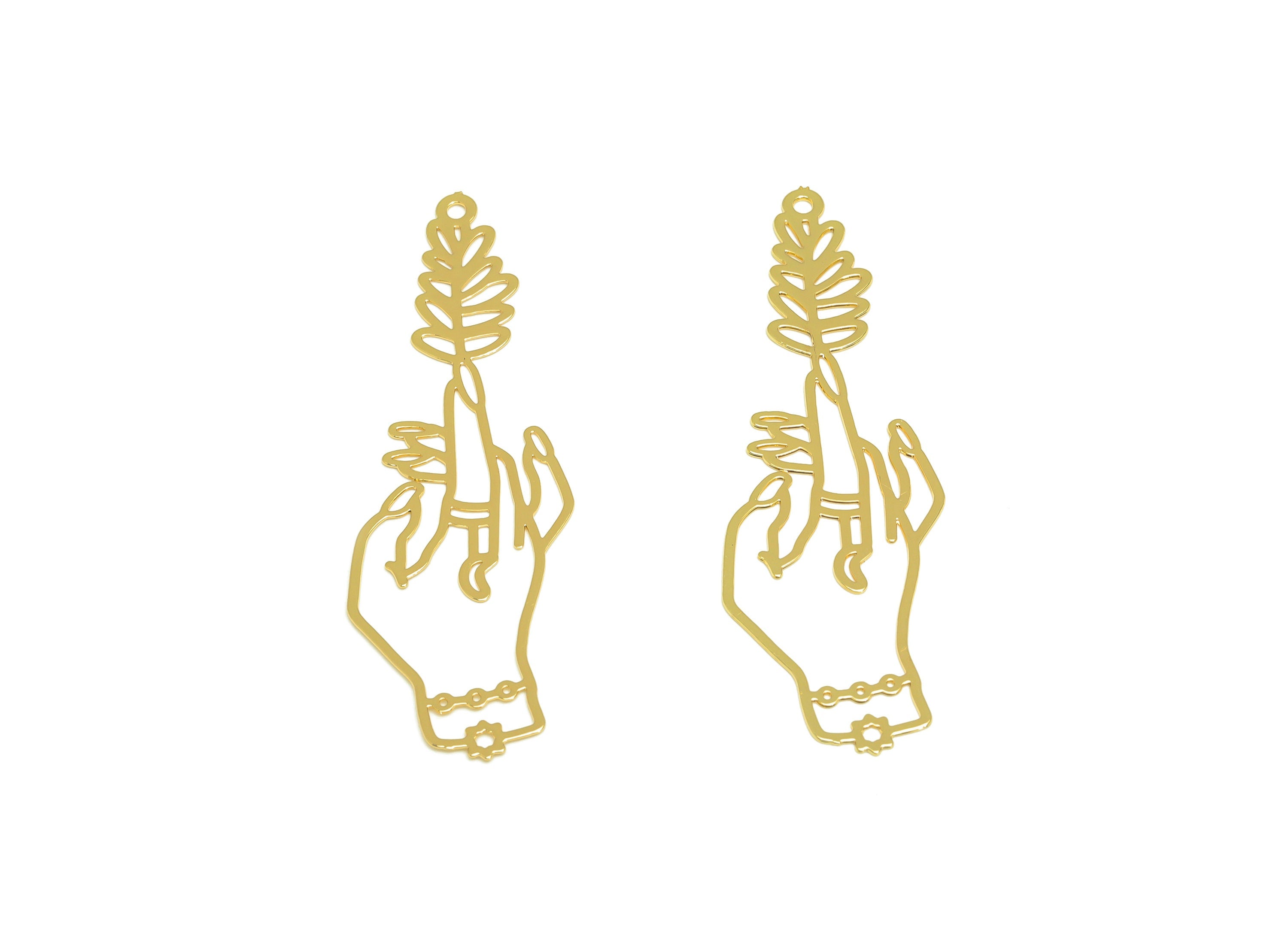 Brass Hand Earring Charm - Brass Botanical Earring Charm - Brass Hand Leaf Pendant - 18K Real Gold Plating - 52.38x18.62x0.37mm - RGP7158 - DOMEDBAZAAR