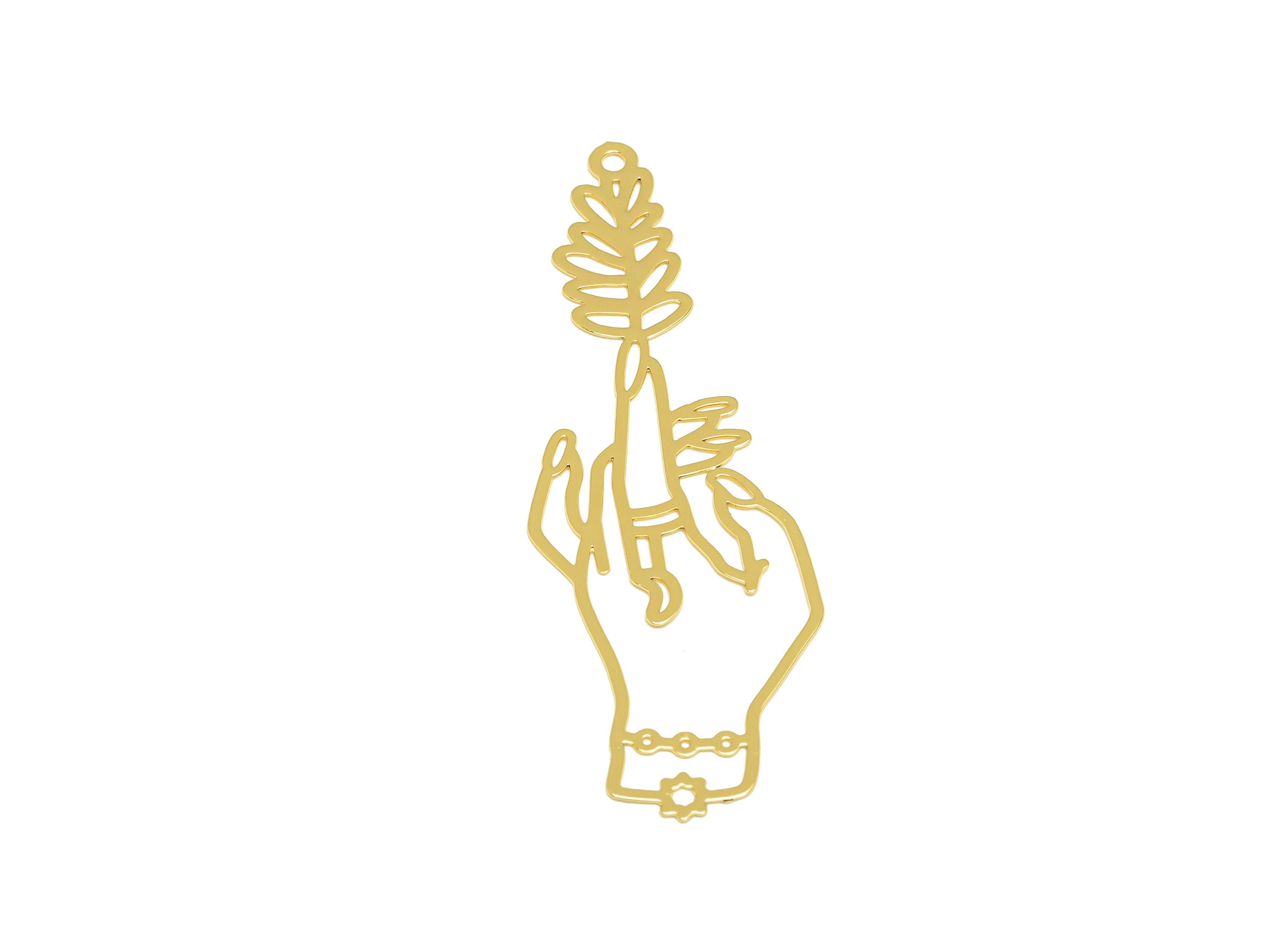 Brass Hand Earring Charm - Brass Botanical Earring Charm - Brass Hand Leaf Pendant - 18K Real Gold Plating - 52.38x18.62x0.37mm - RGP7158 - DOMEDBAZAAR