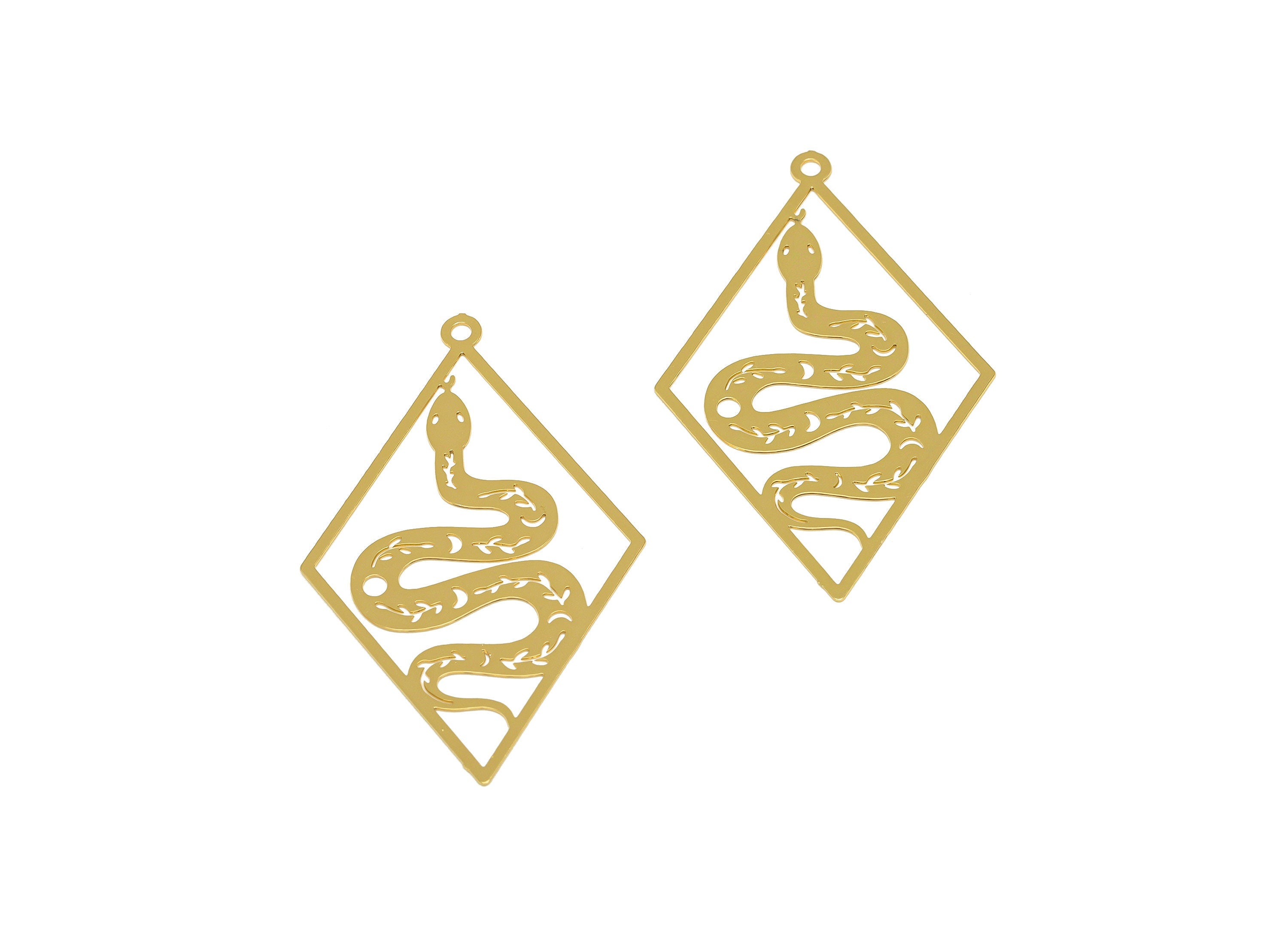 Brass Snake Earring Charm - Brass Hollow Diamond Earring Charm - Brass rhombic Pendant - 18K Real Gold Plating - 41.87x25x0.31mm - RGP7155 - DOMEDBAZAAR