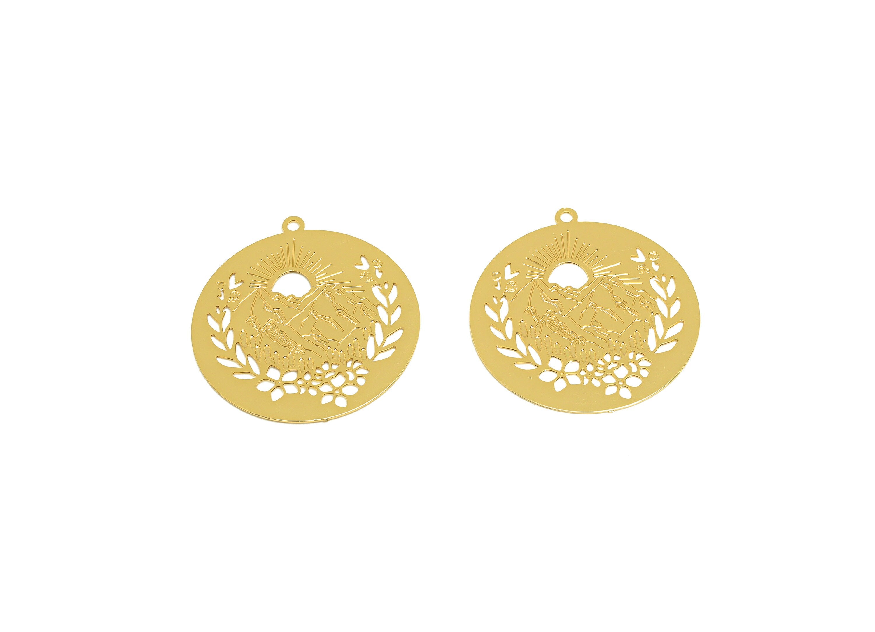 Brass Round Earring Charm - Brass Sunshine Mountain Earring Charm - Brass Botanical Pendant - 18K Real Gold Plating - 25x24x0.31mm - RGP7148 - DOMEDBAZAAR