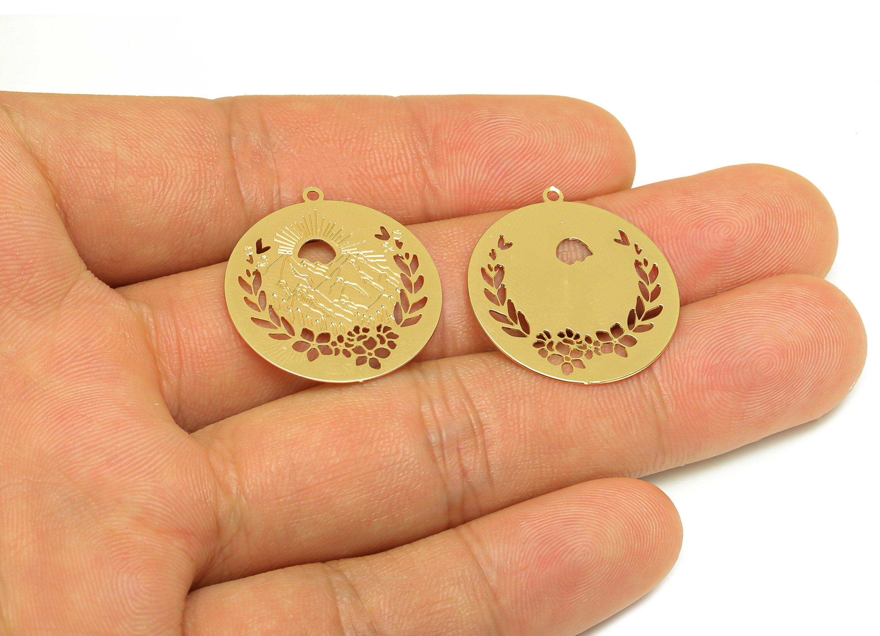 Brass Round Earring Charm - Brass Sunshine Mountain Earring Charm - Brass Botanical Pendant - 18K Real Gold Plating - 25x24x0.31mm - RGP7148 - DOMEDBAZAAR