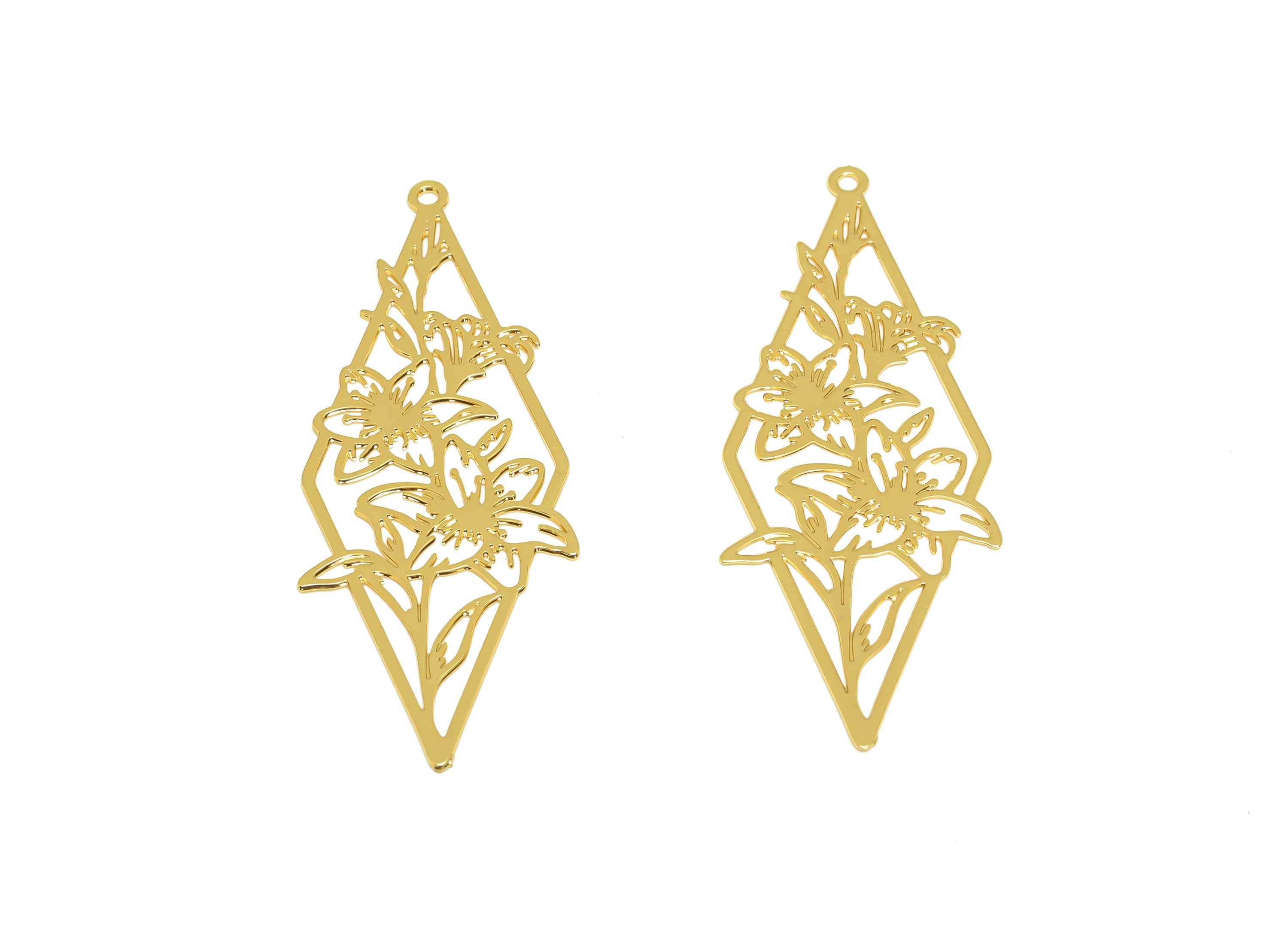 Brass Flower Earring Charm - Brass Laser Cut Flower Earring Charm - Brass Diamond Pendant - 18K Real Gold Plating - 40x42.9x0.4mm - RGP7157 - DOMEDBAZAAR