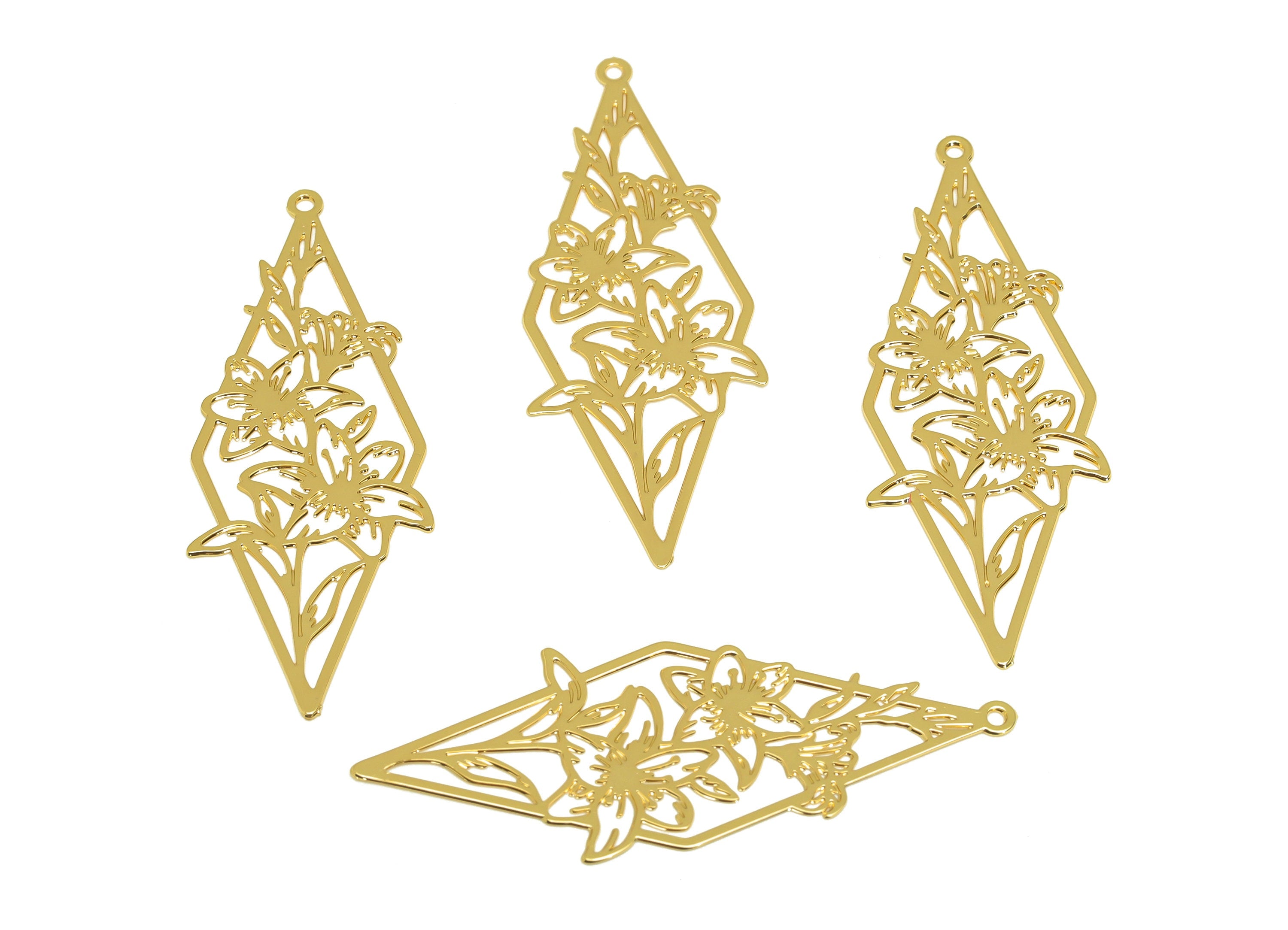 Brass Flower Earring Charm - Brass Laser Cut Flower Earring Charm - Brass Diamond Pendant - 18K Real Gold Plating - 40x42.9x0.4mm - RGP7157 - DOMEDBAZAAR