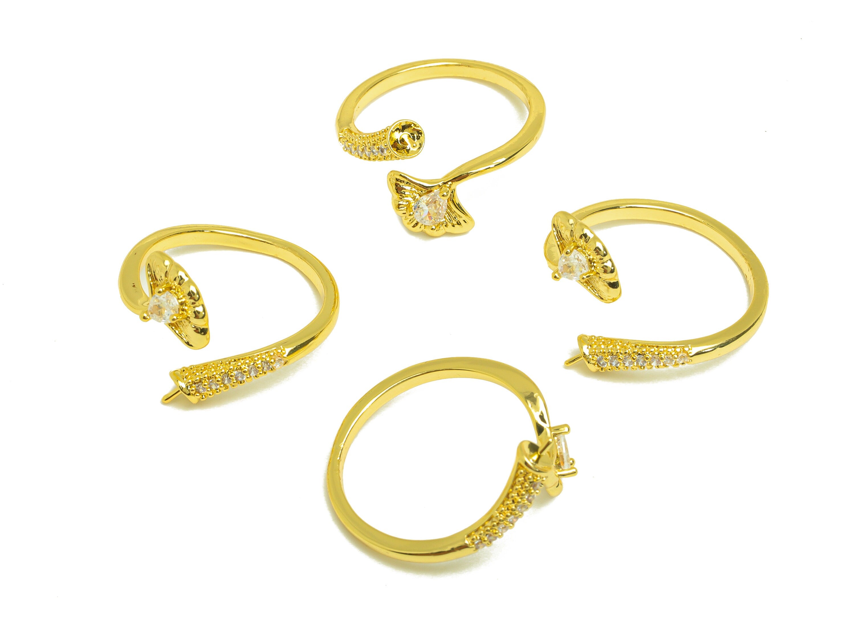 Brass Adjustable CZ Ring - Brass Lotus Leaf Ring Settings - Teardrop Zircon Rings For Pearl - 18K Real Gold Plating - 22x12.61x1mm - RGP6979 - DOMEDBAZAAR