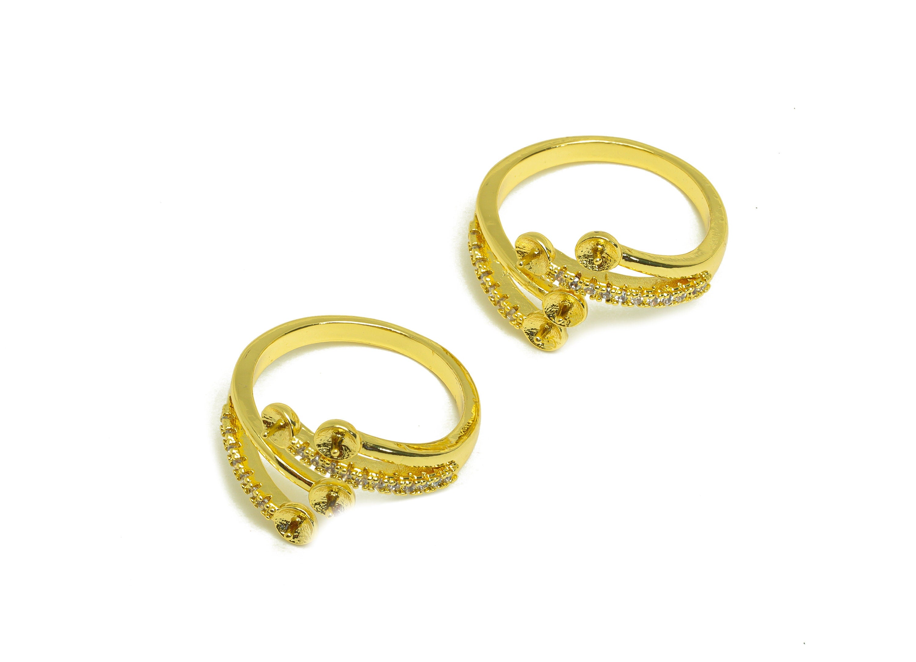 Brass Adjustable CZ Ring - Brass Ring Settings - Brass Cubic Zircon Rings For Pearl - 18K Real Gold Plating - 20.48x12.77x2.11mm - RGP6978 - DOMEDBAZAAR