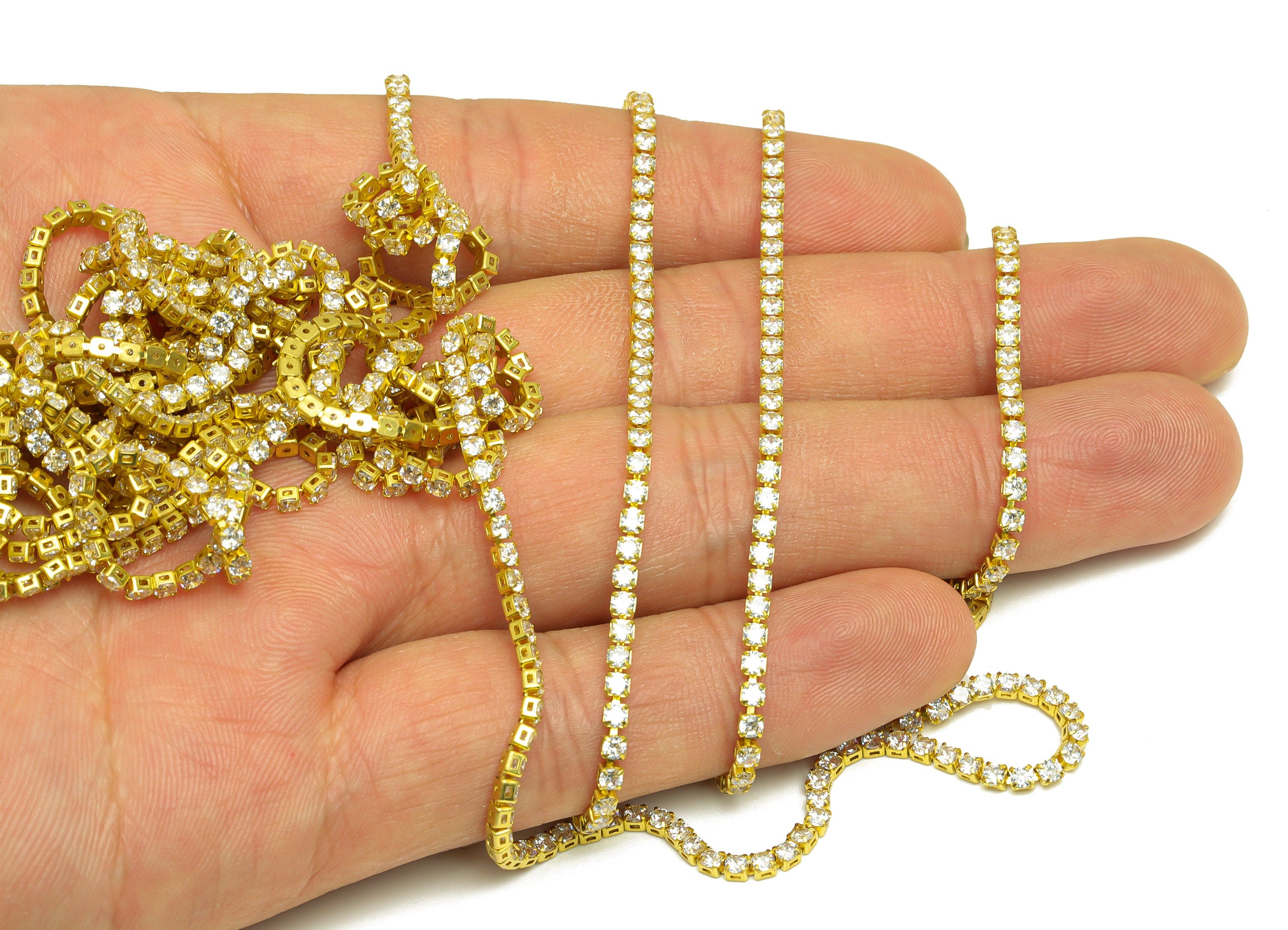 2mm Round Zircon Brass Chain - Raw Brass White Cubic Zircon Bracelet Chain - Brass CZ Claw Chain - 21x21x1mm - RGP6913 - DOMEDBAZAAR