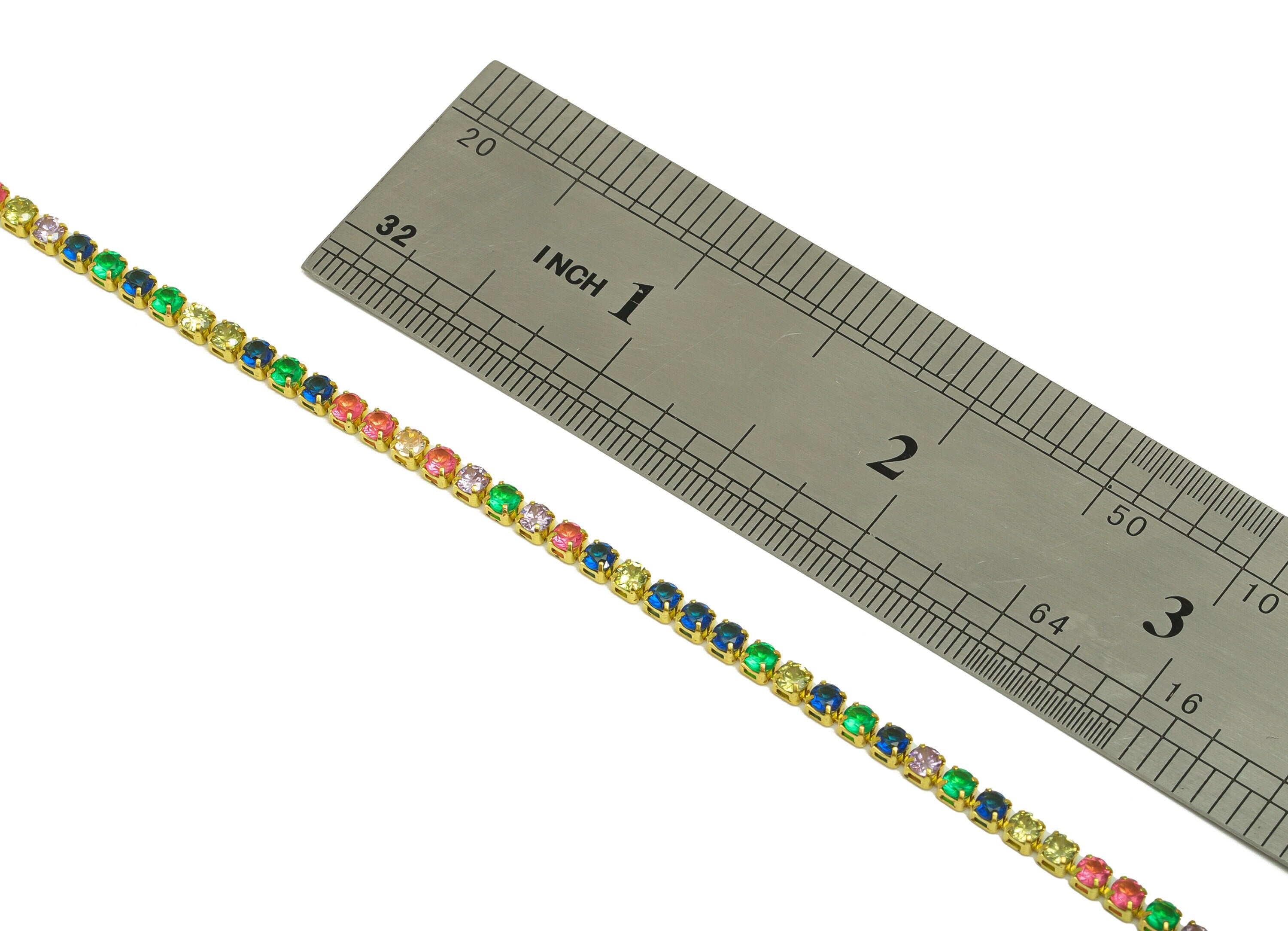 2.5mm Round Zircon Brass Chain - Raw Brass Mix Color Cubic Zircon Bracelet Chain - Brass Rainbow CZ Claw Chain - 21x21x1mm - RGP6911 - DOMEDBAZAAR