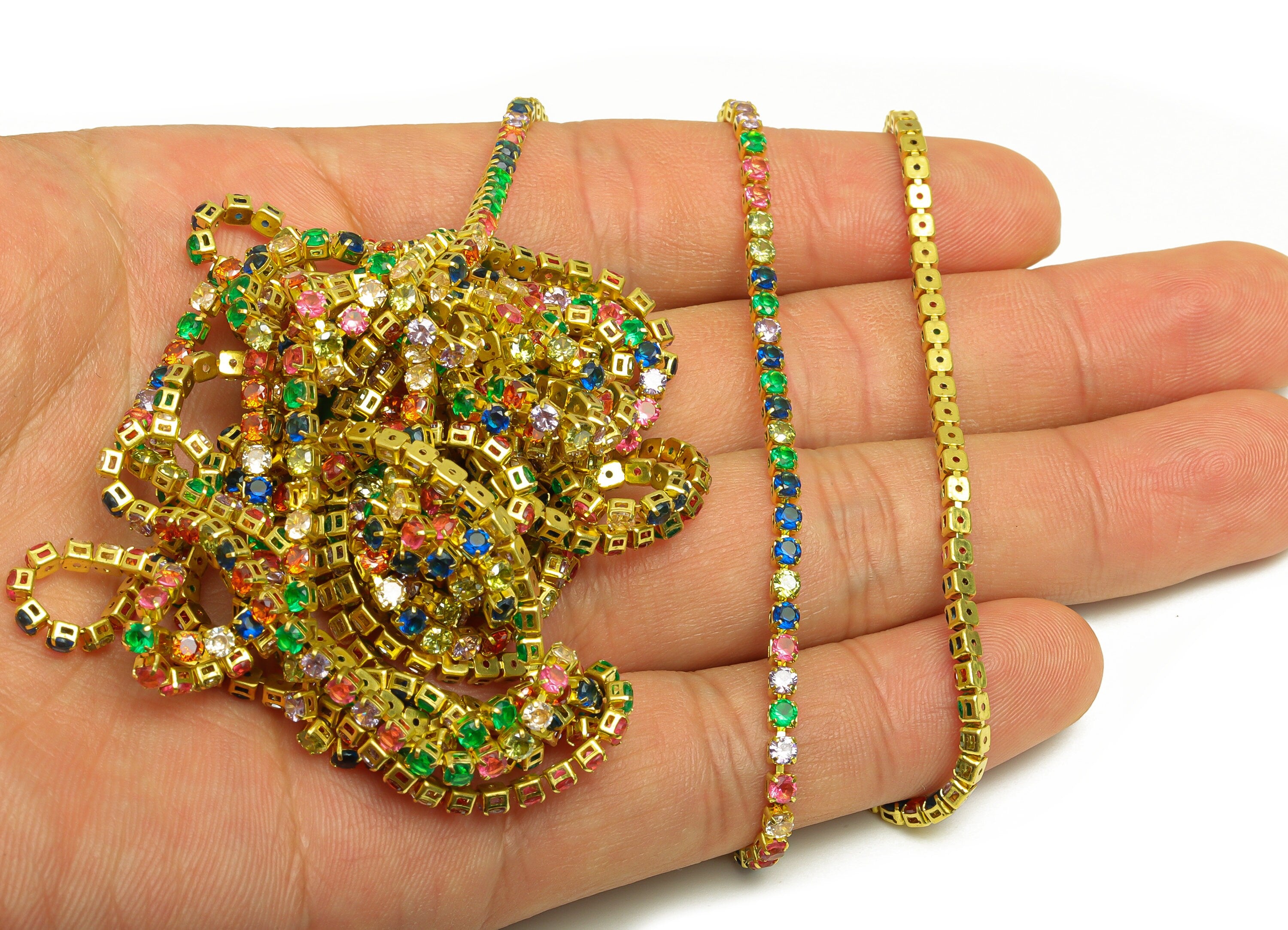2.5mm Round Zircon Brass Chain - Raw Brass Mix Color Cubic Zircon Bracelet Chain - Brass Rainbow CZ Claw Chain - 21x21x1mm - RGP6911 - DOMEDBAZAAR