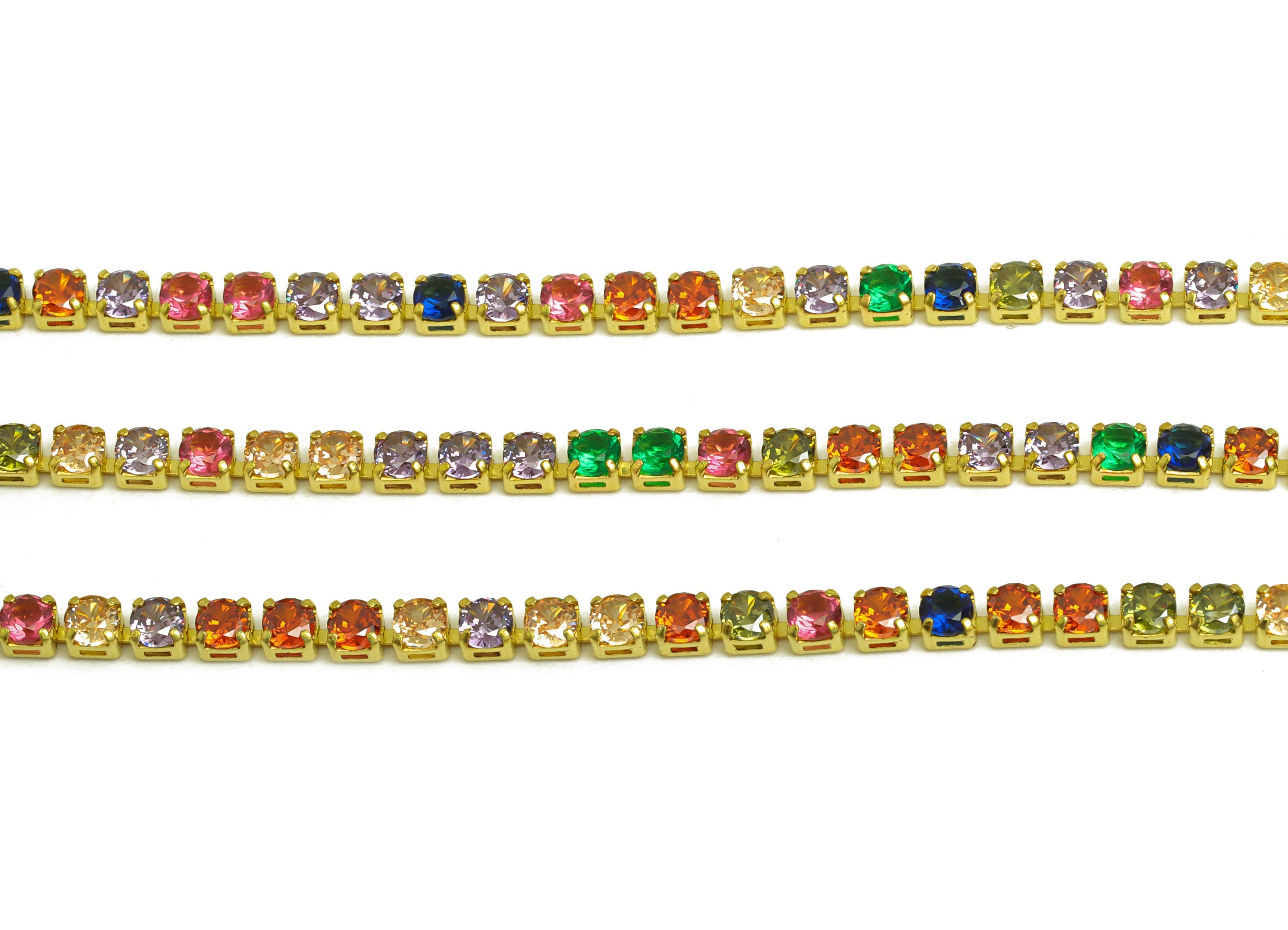 3mm Round Zircon Brass Chain - Raw Brass Mix Color Cubic Zircon Bracelet Chain - Rainbow CZ Claw Chain - DIY Chain - 3x3mm - RGP6910 - DOMEDBAZAAR