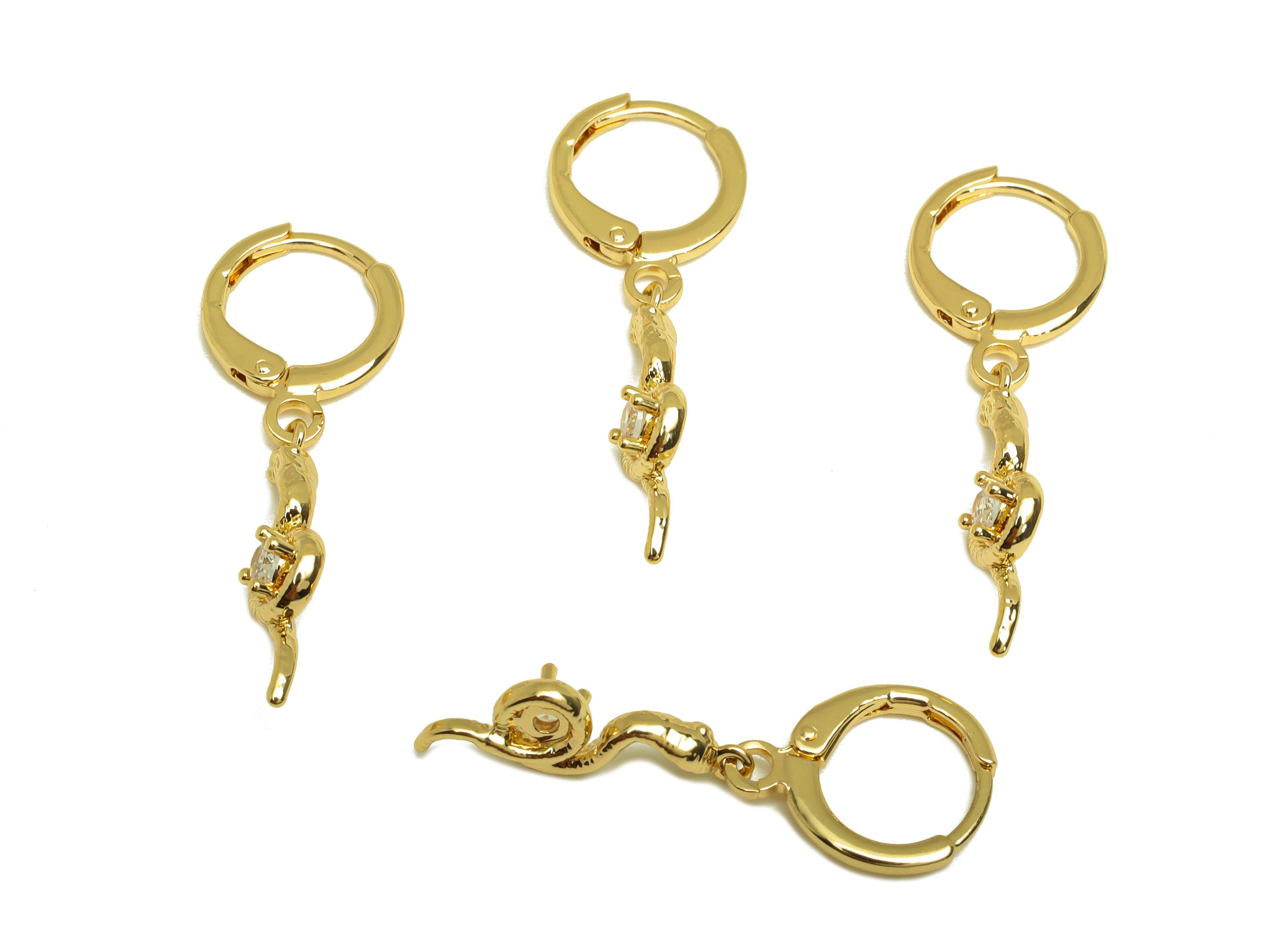 Brass CZ Hoop Earring - Brass Snake Lever Back Earring Hoop - Brass Zircon Hoop Earring - 18K Real Gold Plating - 32.33x11x0.9mm - RGP6847 - DOMEDBAZAAR