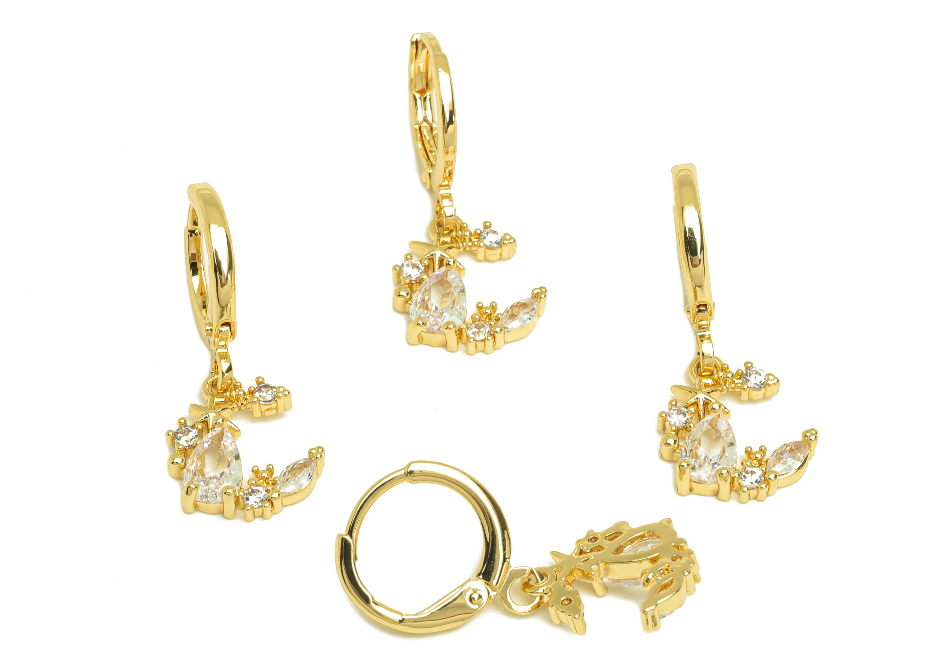 Brass CZ Hoop Earring - Brass Crescent Lever Back Earring Hoop - Drop Zircon Marquise Earring - 18K Real Gold Plating - 24x10x1mm - RGP6841 - DOMEDBAZAAR