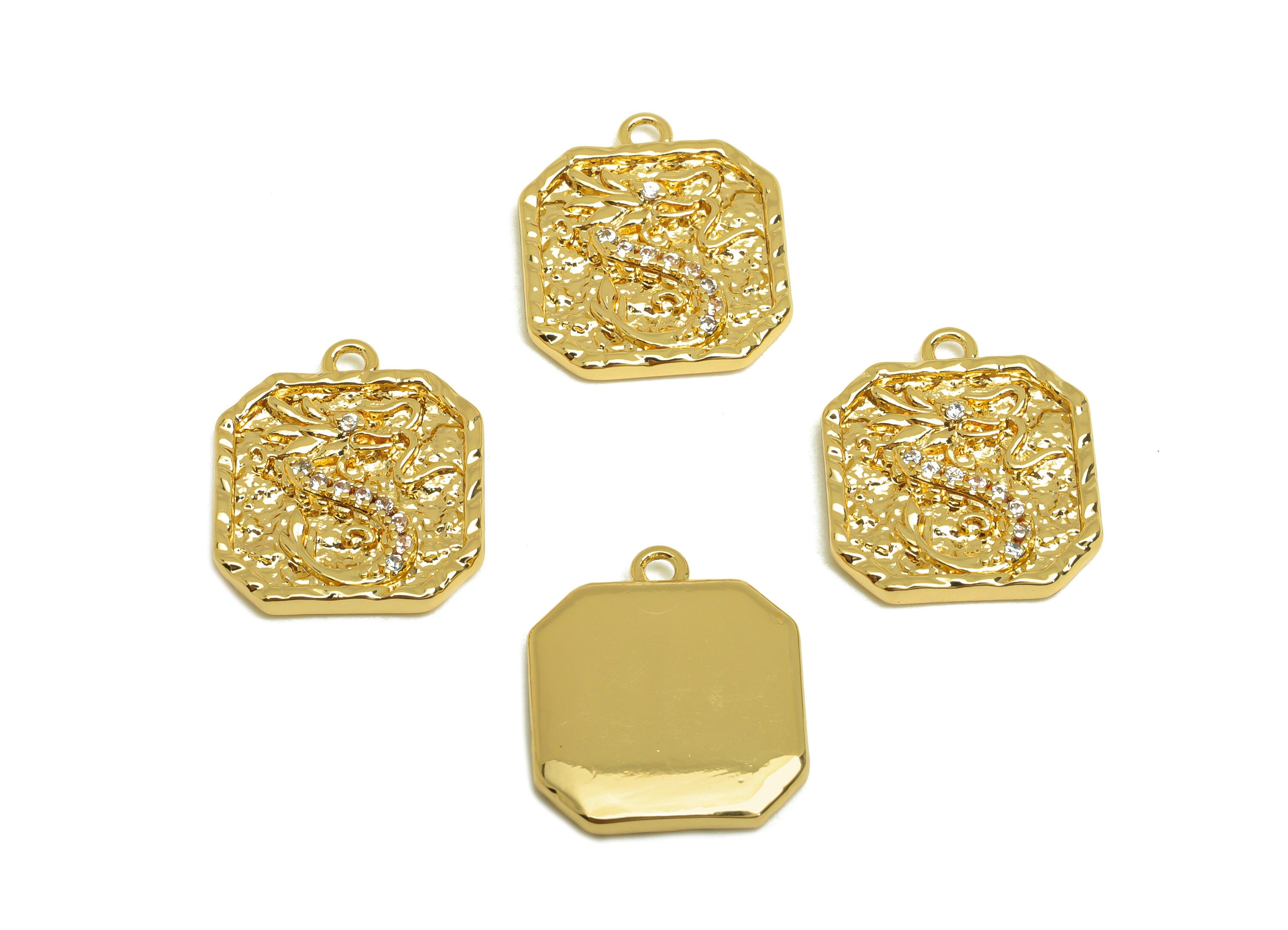 Brass Dragon Earring Charm - Brass Cubic Zircon Earring Charm - Brass Textured Earring Charm - 18K Real Gold Plating - 16x13x2mm - RGP6889 - DOMEDBAZAAR