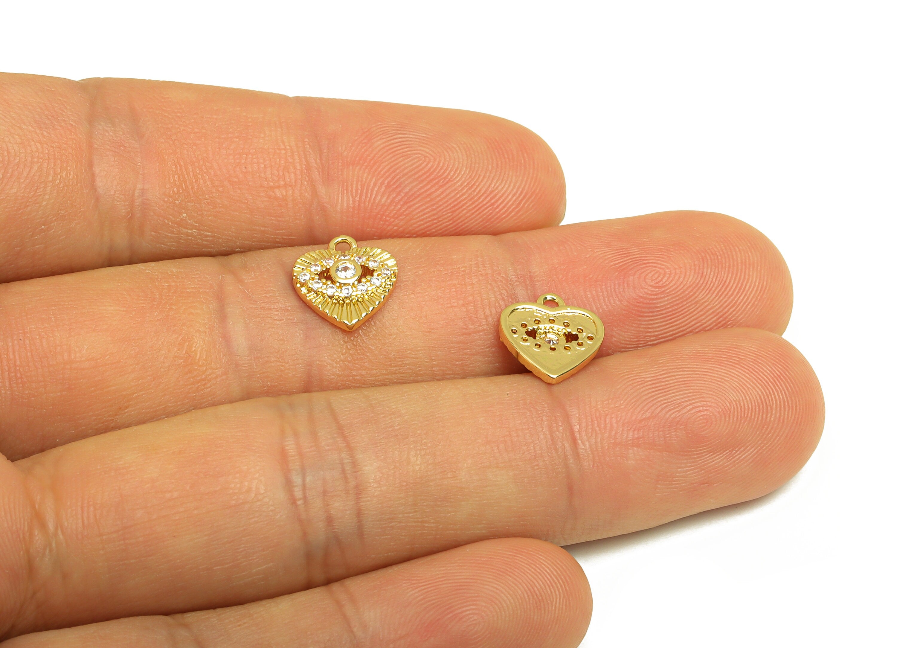 Brass Heart Earring Charm - Brass Cubic Zircon Earring Charm - Brass Eye Textured Earring Charm - 18K Real Gold Plating - 12x11x2mm- RGP6873 - DOMEDBAZAAR