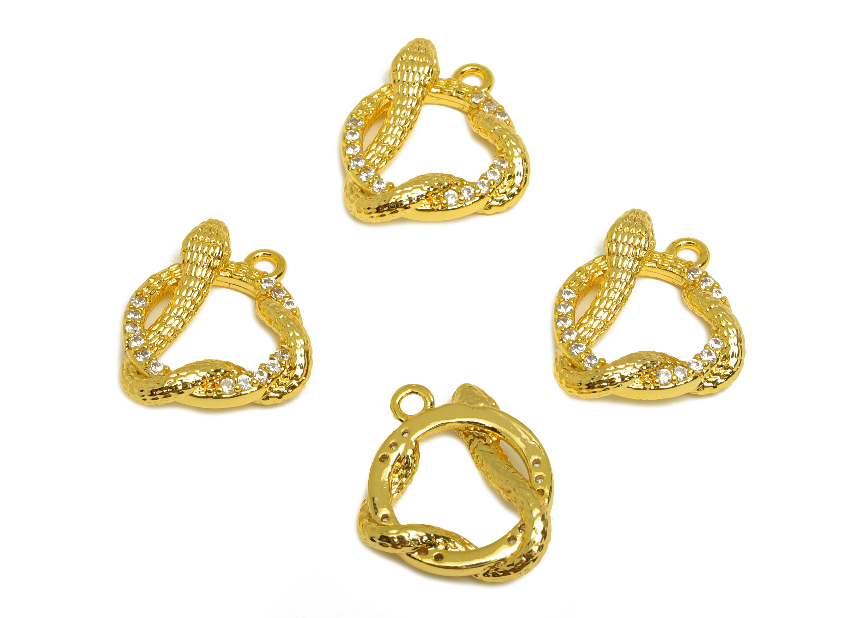 Brass Snake Earring Charm - Brass Cubic Zircon Earring Charm - Brass Twine Snake Earring Charm - 18K Real Gold Plating - 14x12x2mm - RGP6875 - DOMEDBAZAAR