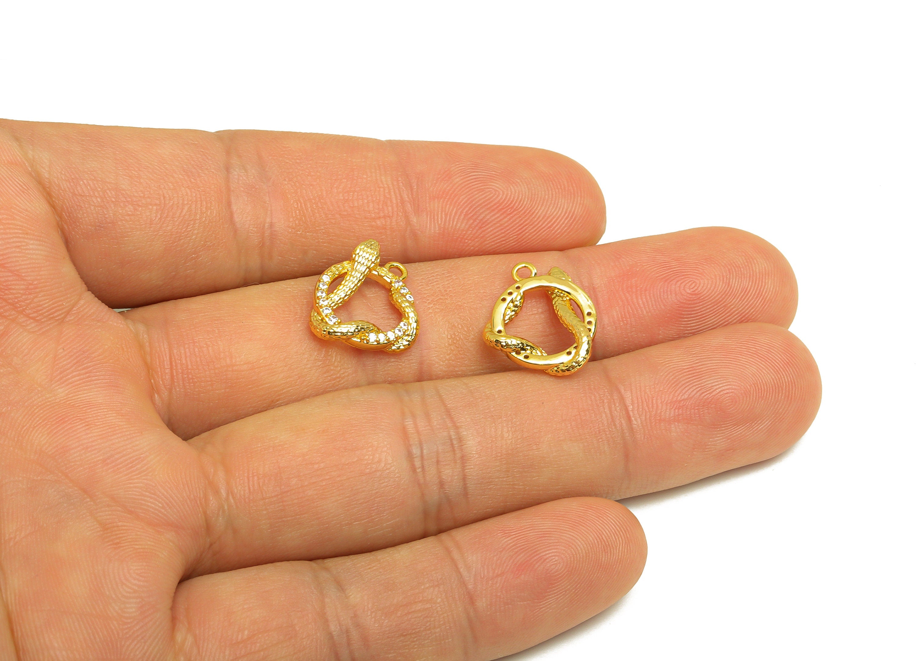 Brass Snake Earring Charm - Brass Cubic Zircon Earring Charm - Brass Twine Snake Earring Charm - 18K Real Gold Plating - 14x12x2mm - RGP6875 - DOMEDBAZAAR