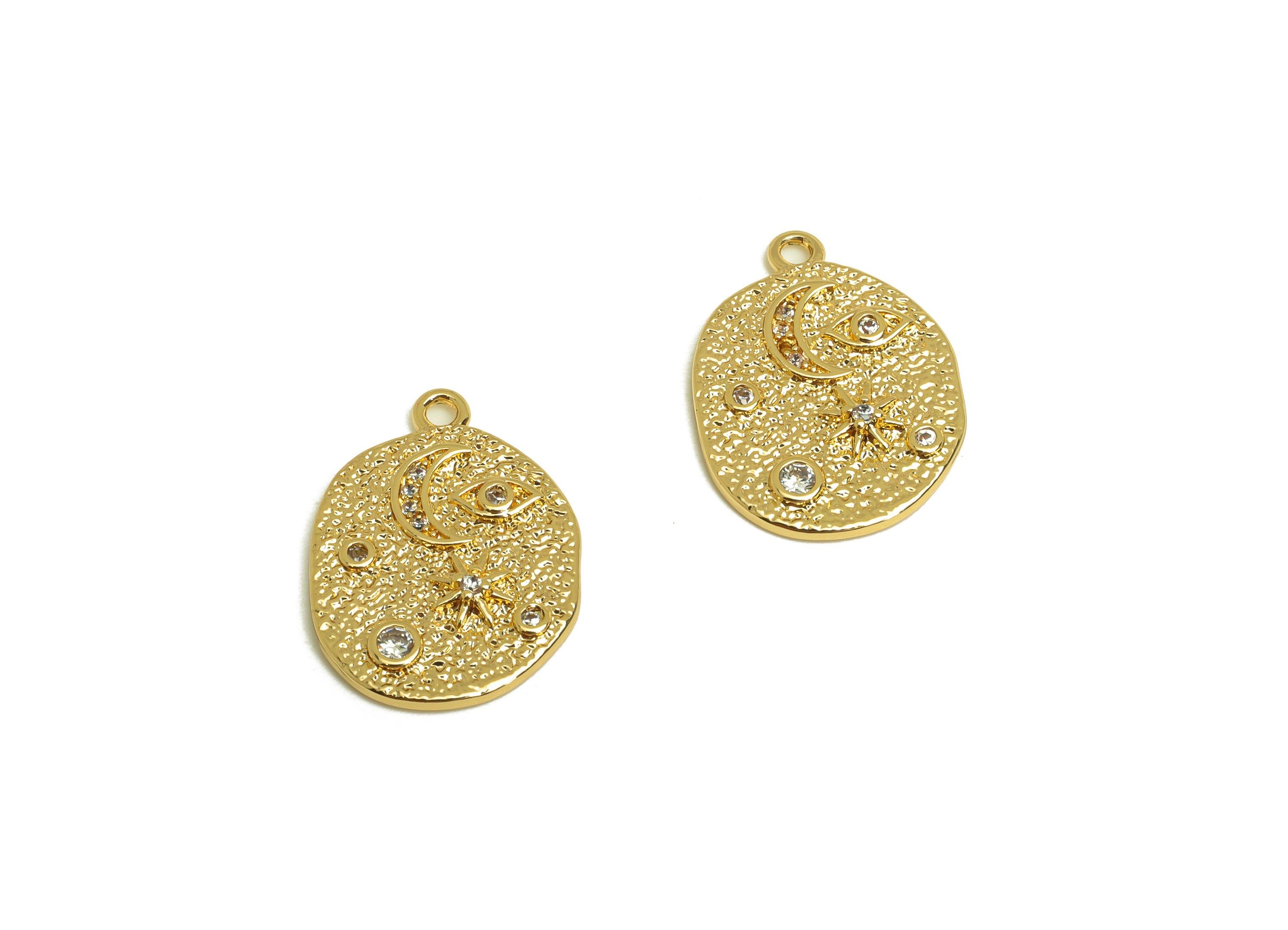 Brass Crescent Earring Charm - Brass Star Zircon Earring Charm - Eye Textured Space Charm - 18K Real Gold Plating - 18x13.78x1.9mm - RGP6849 - DOMEDBAZAAR