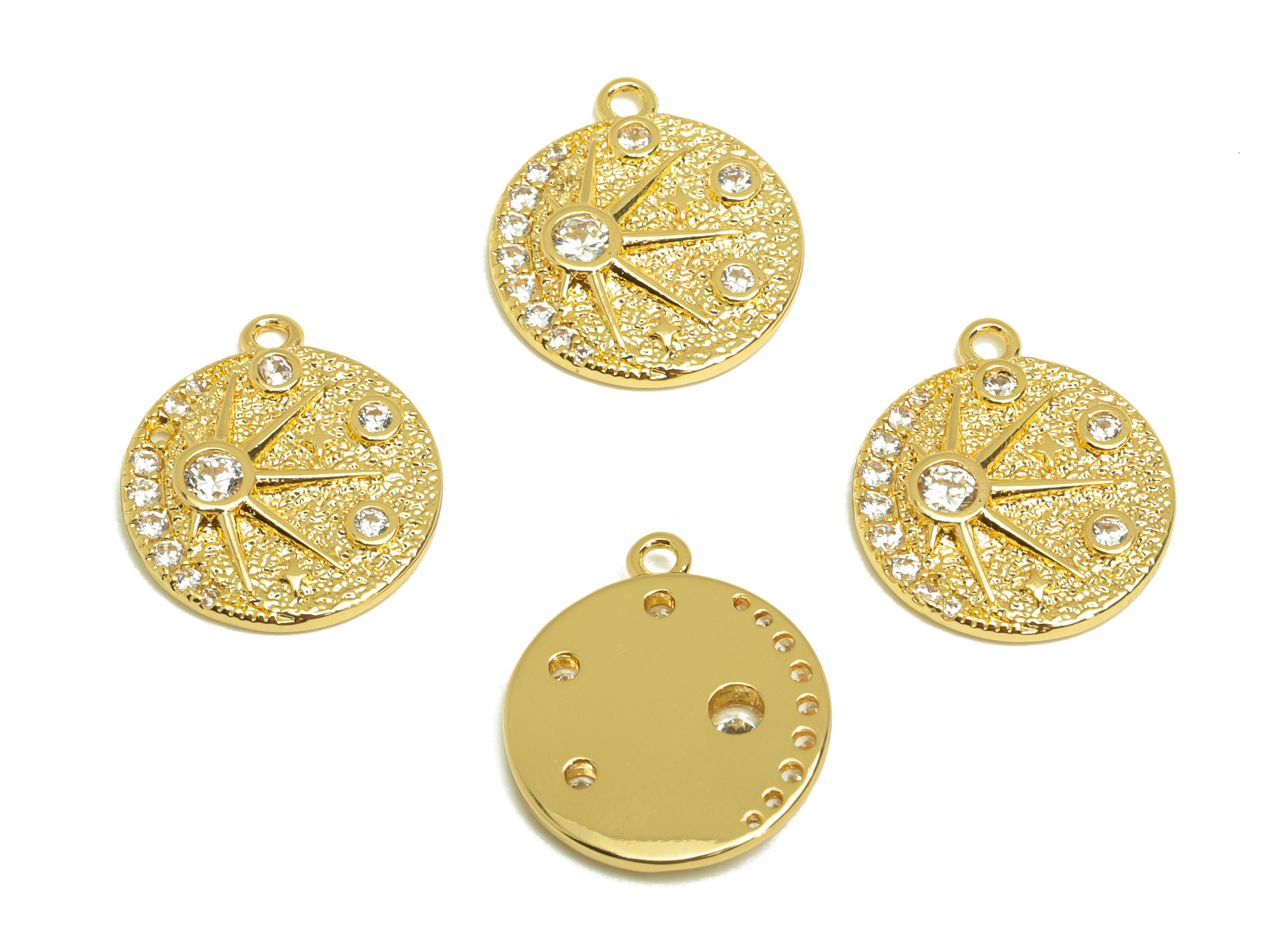 Brass Sunshine Earring Charm - Brass Star Zircon Earring Charm - Brass Textured Space Charm - 18K Real Gold Plating - 17x14x2.4mm - RGP6865 - DOMEDBAZAAR